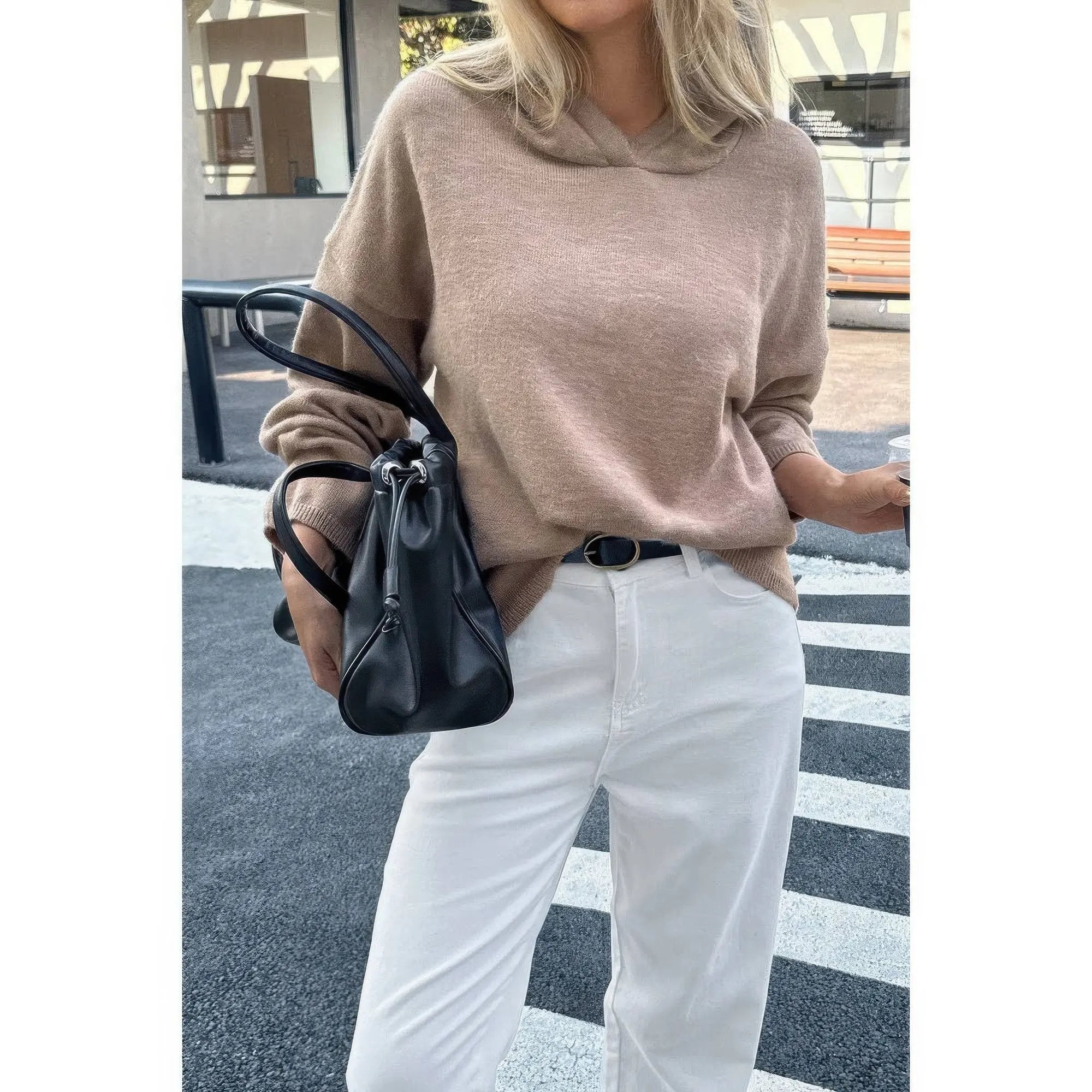 Solid Knit Long Sleeve Loose Hooded Sweater - DressAffection