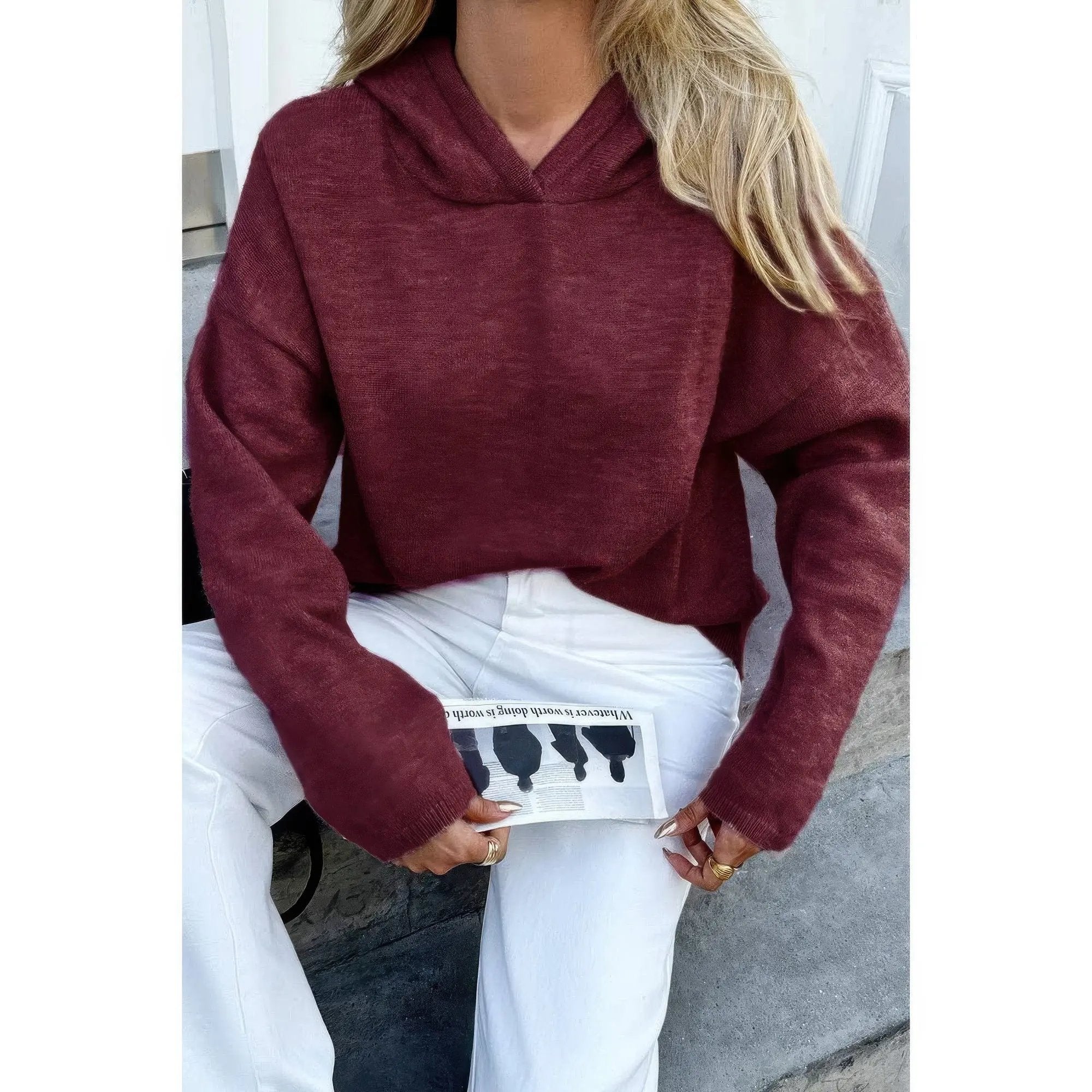 Solid Knit Long Sleeve Loose Hooded Sweater - DressAffection