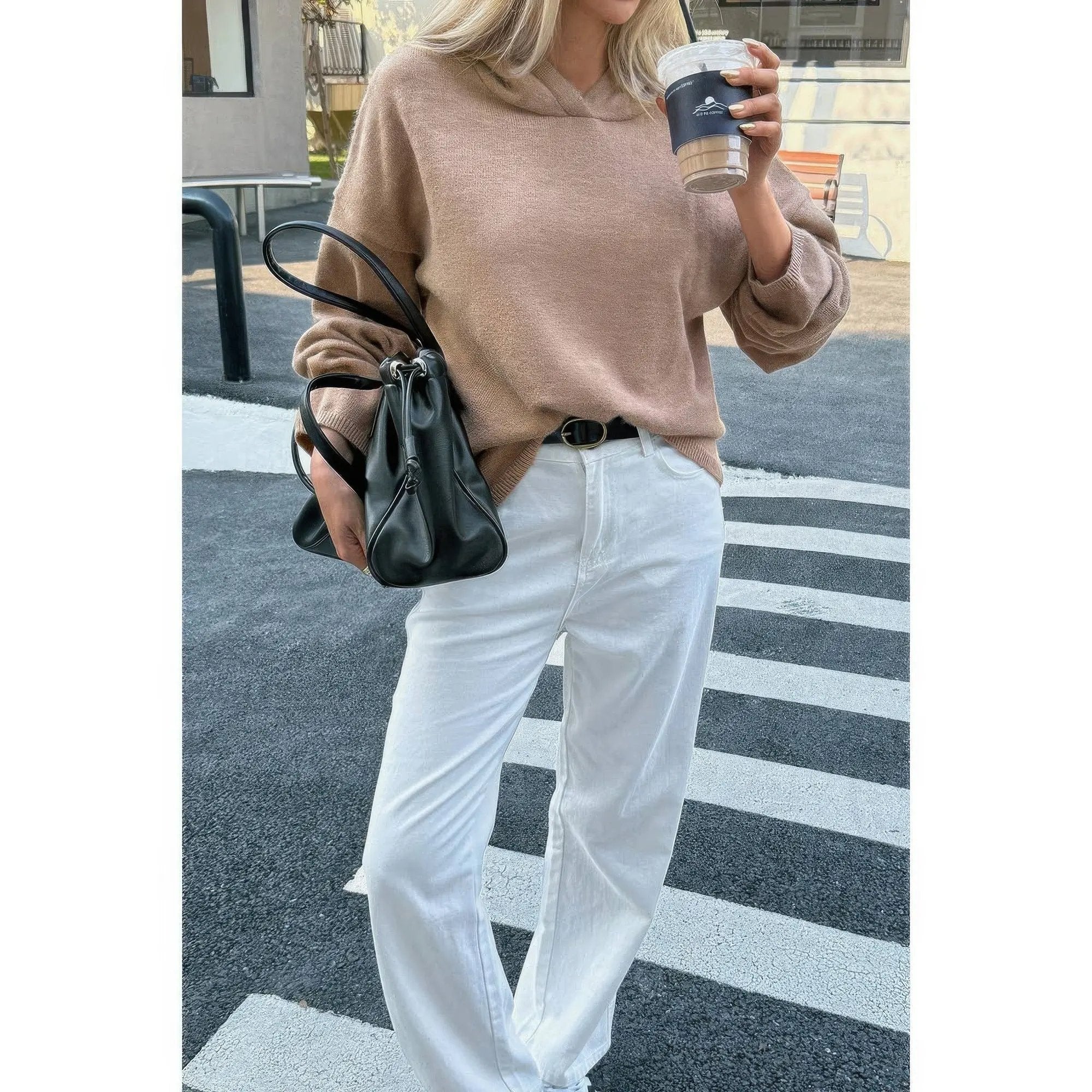 Solid Knit Long Sleeve Loose Hooded Sweater - DressAffection