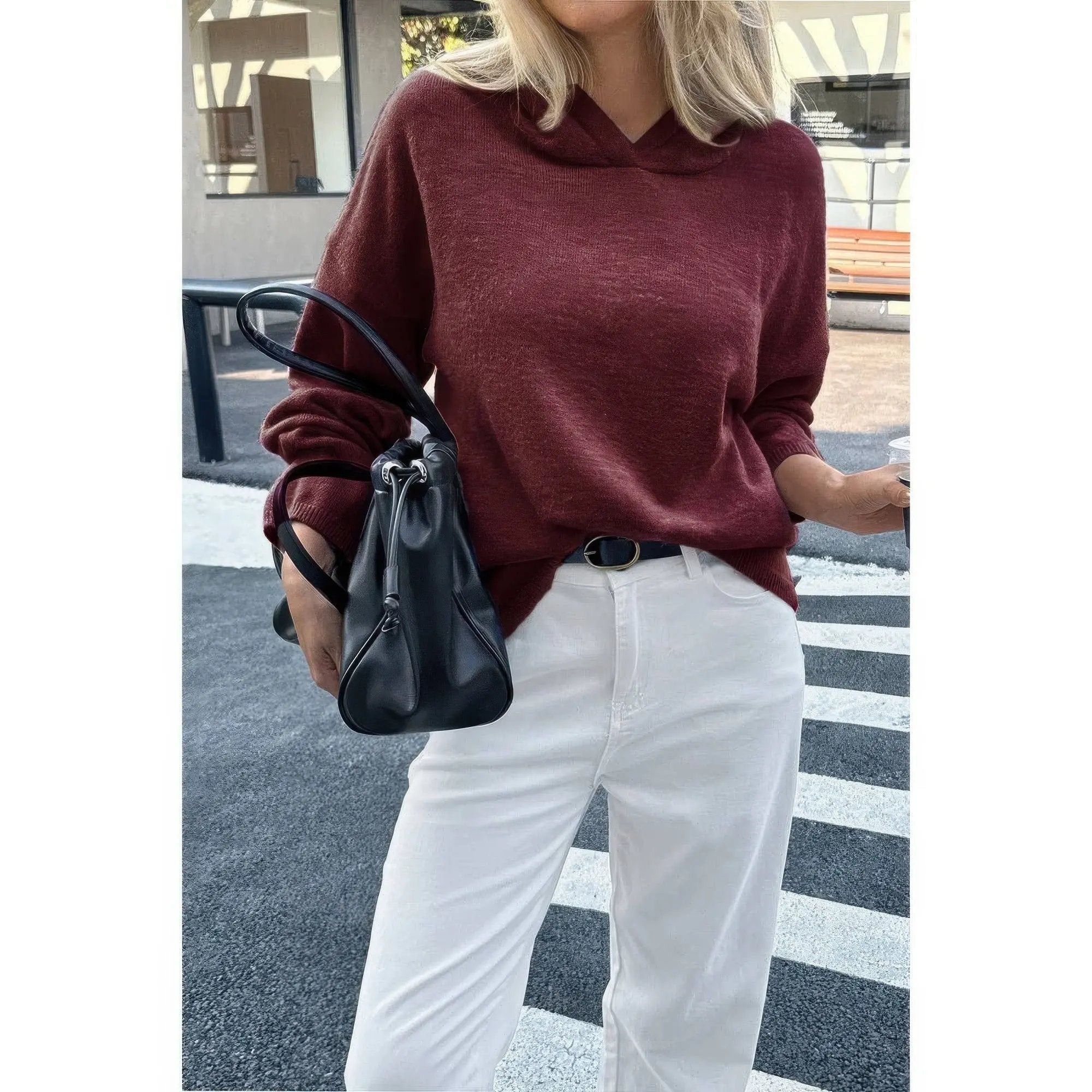 Solid Knit Long Sleeve Loose Hooded Sweater - DressAffection