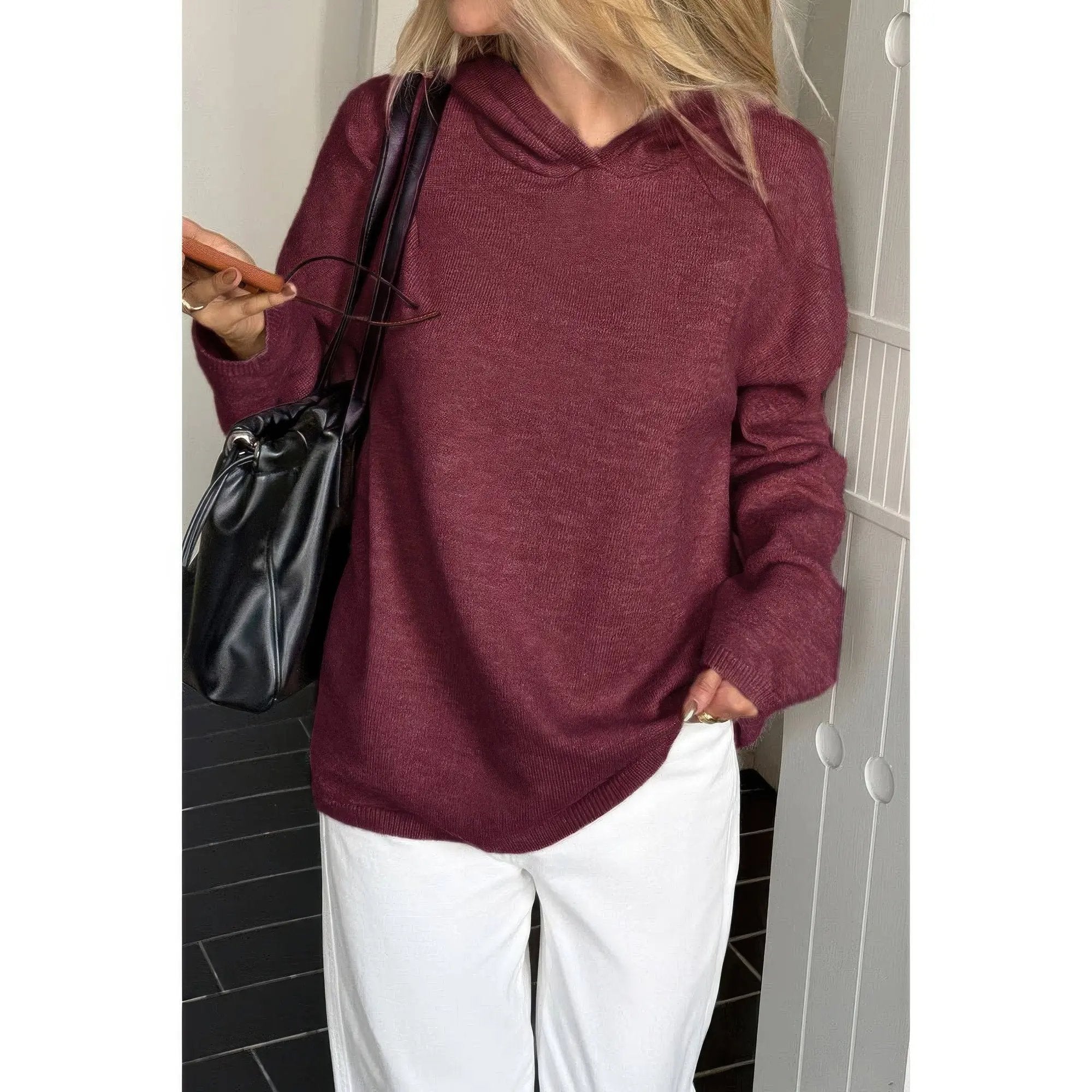 Solid Knit Long Sleeve Loose Hooded Sweater - DressAffection