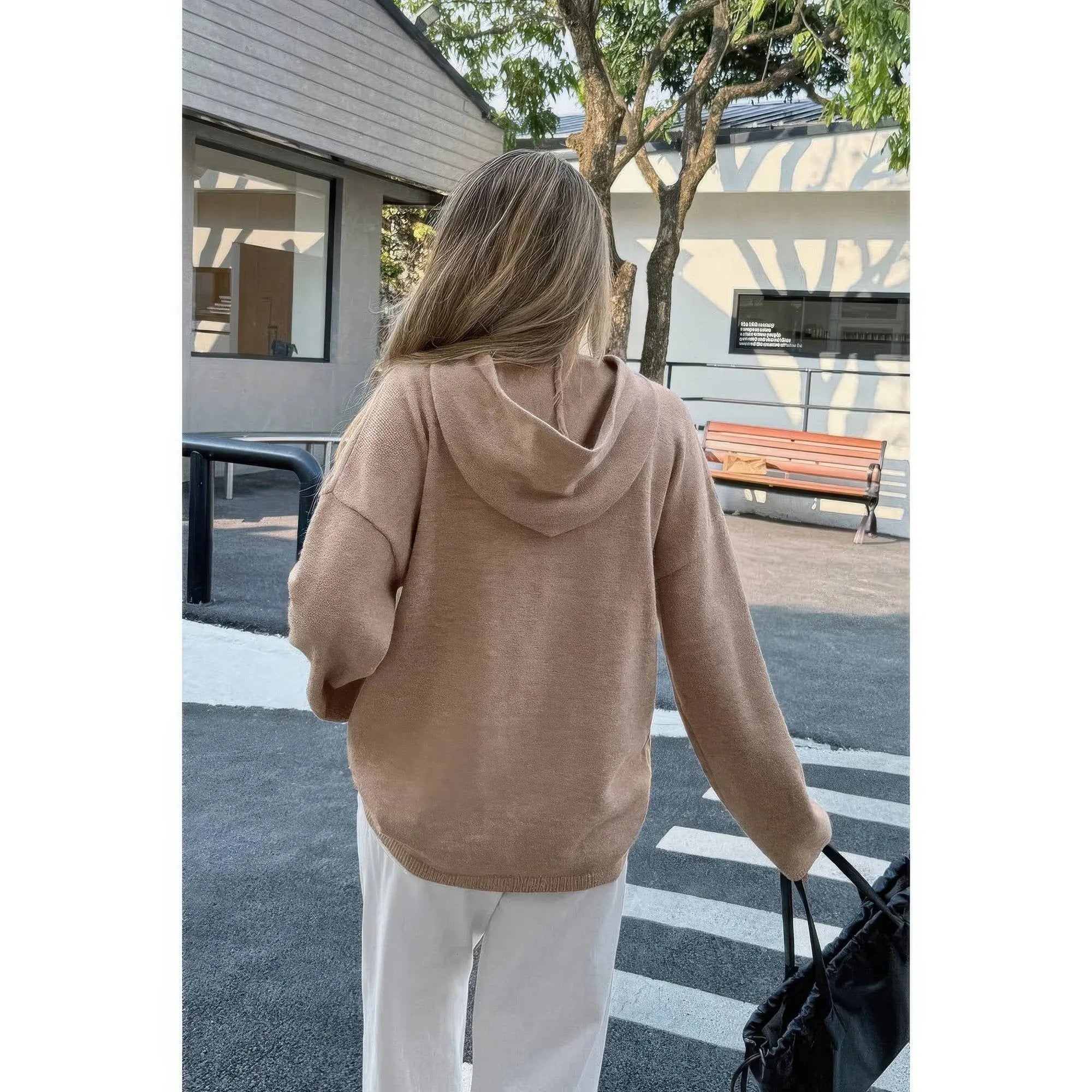 Solid Knit Long Sleeve Loose Hooded Sweater - DressAffection