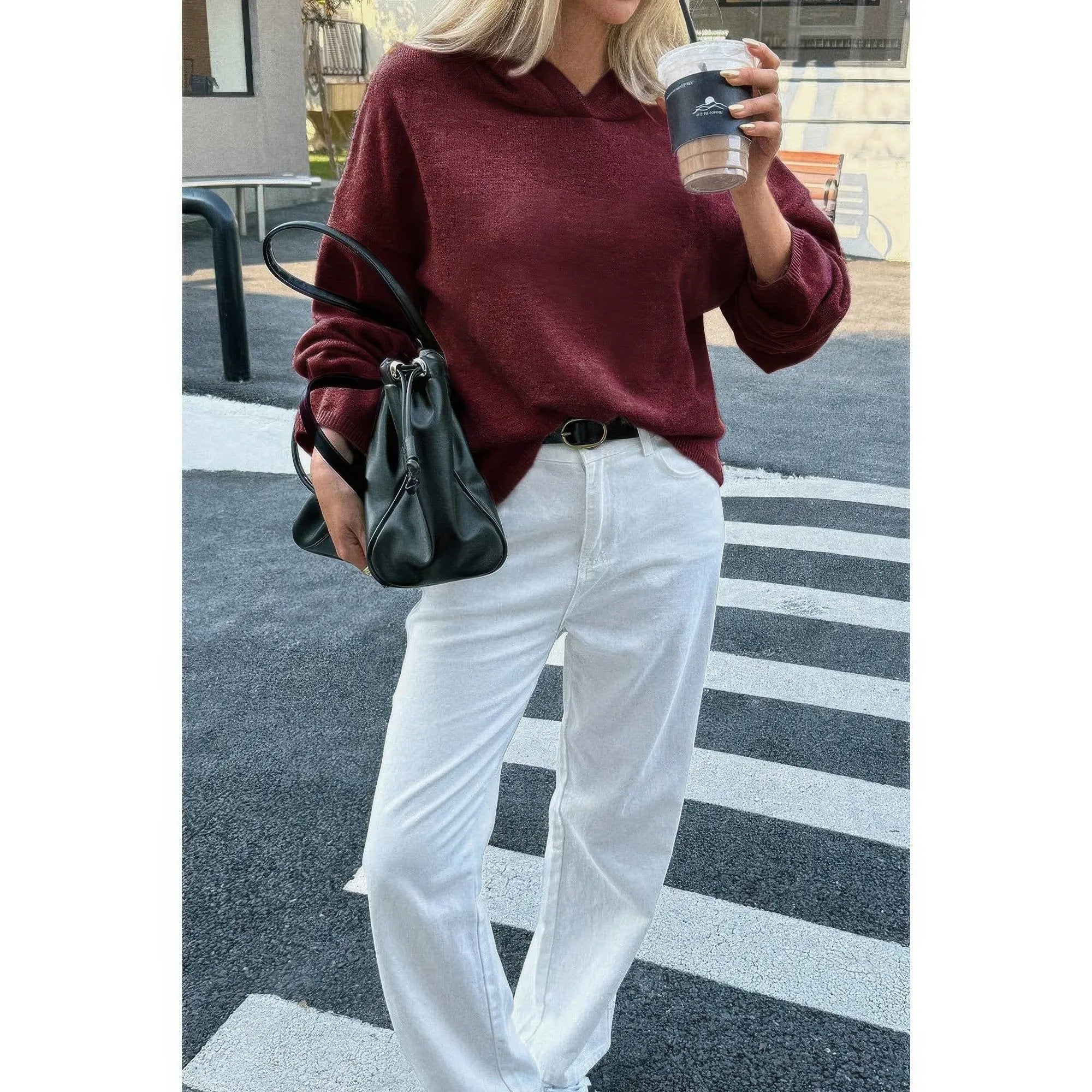 Solid Knit Long Sleeve Loose Hooded Sweater - DressAffection