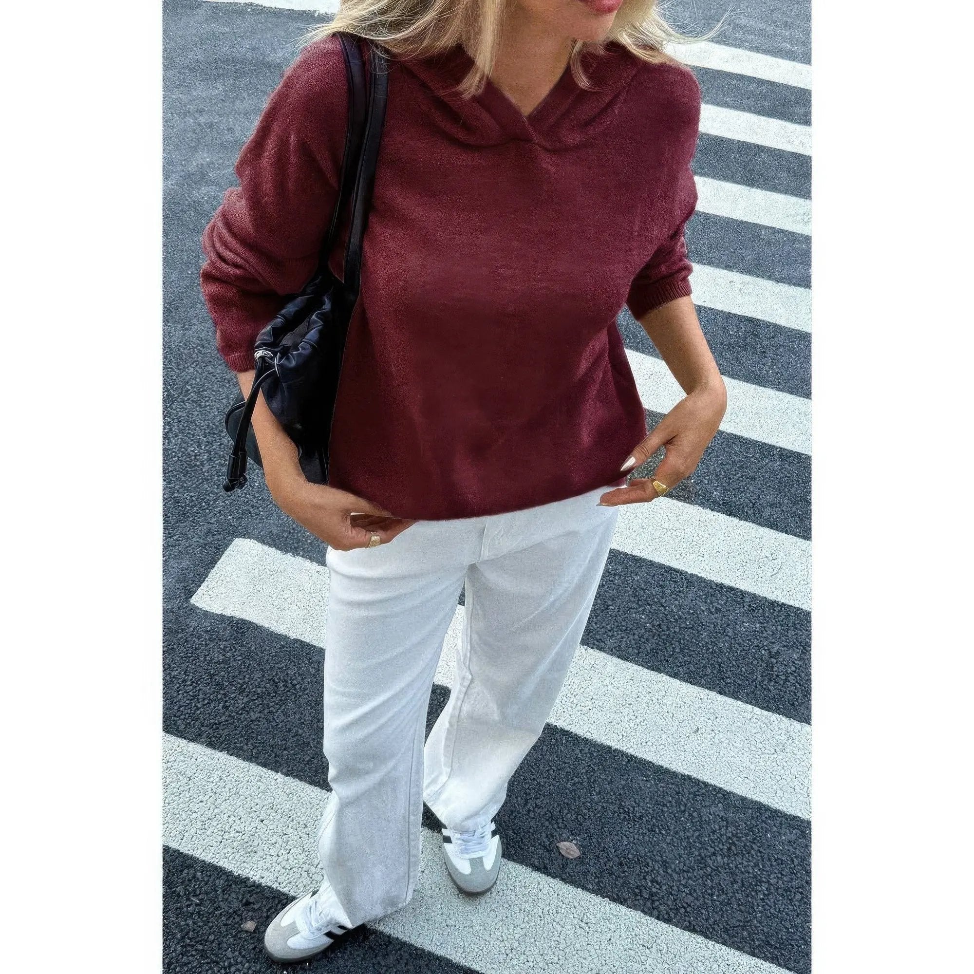 Solid Knit Long Sleeve Loose Hooded Sweater - DressAffection