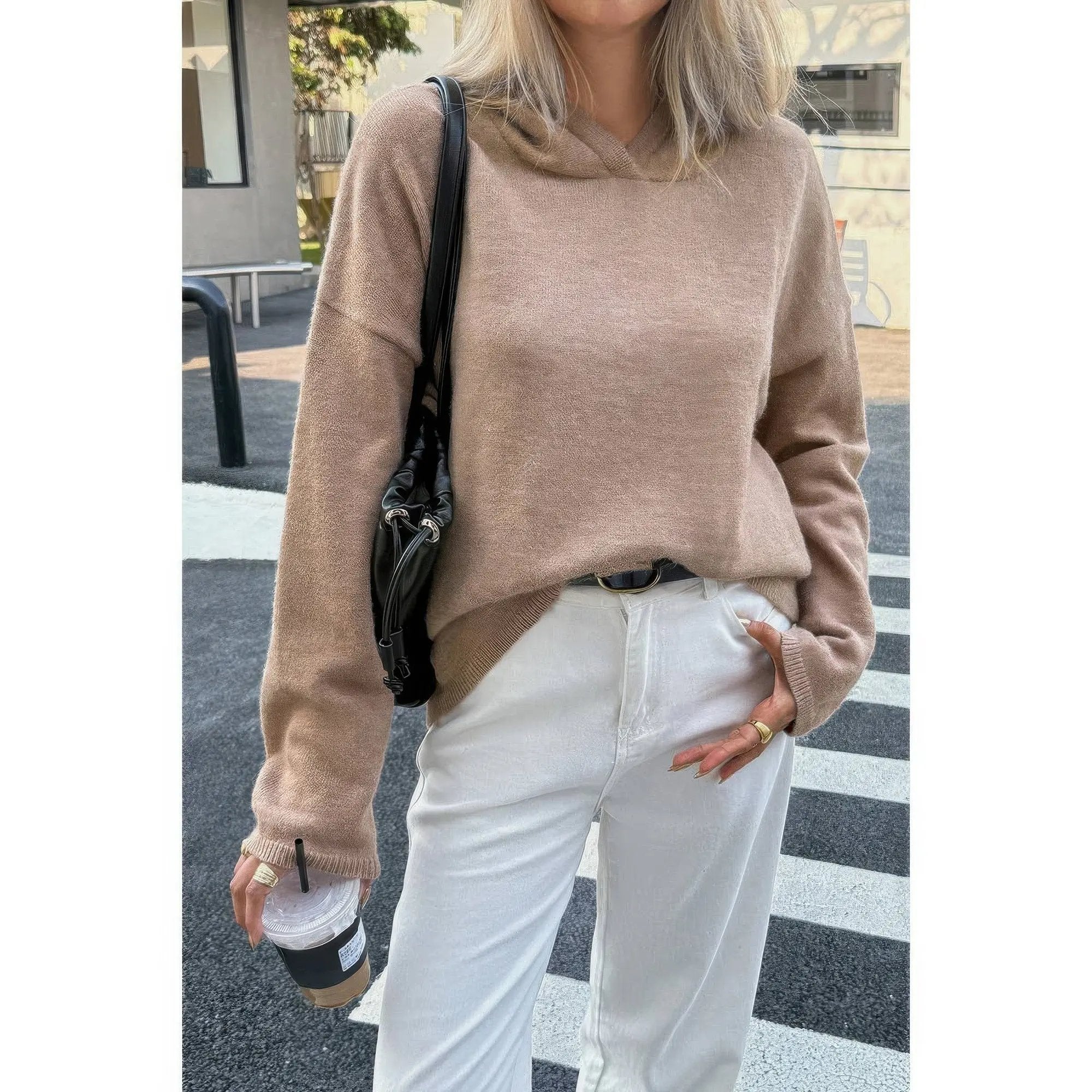 Solid Knit Long Sleeve Loose Hooded Sweater - DressAffection