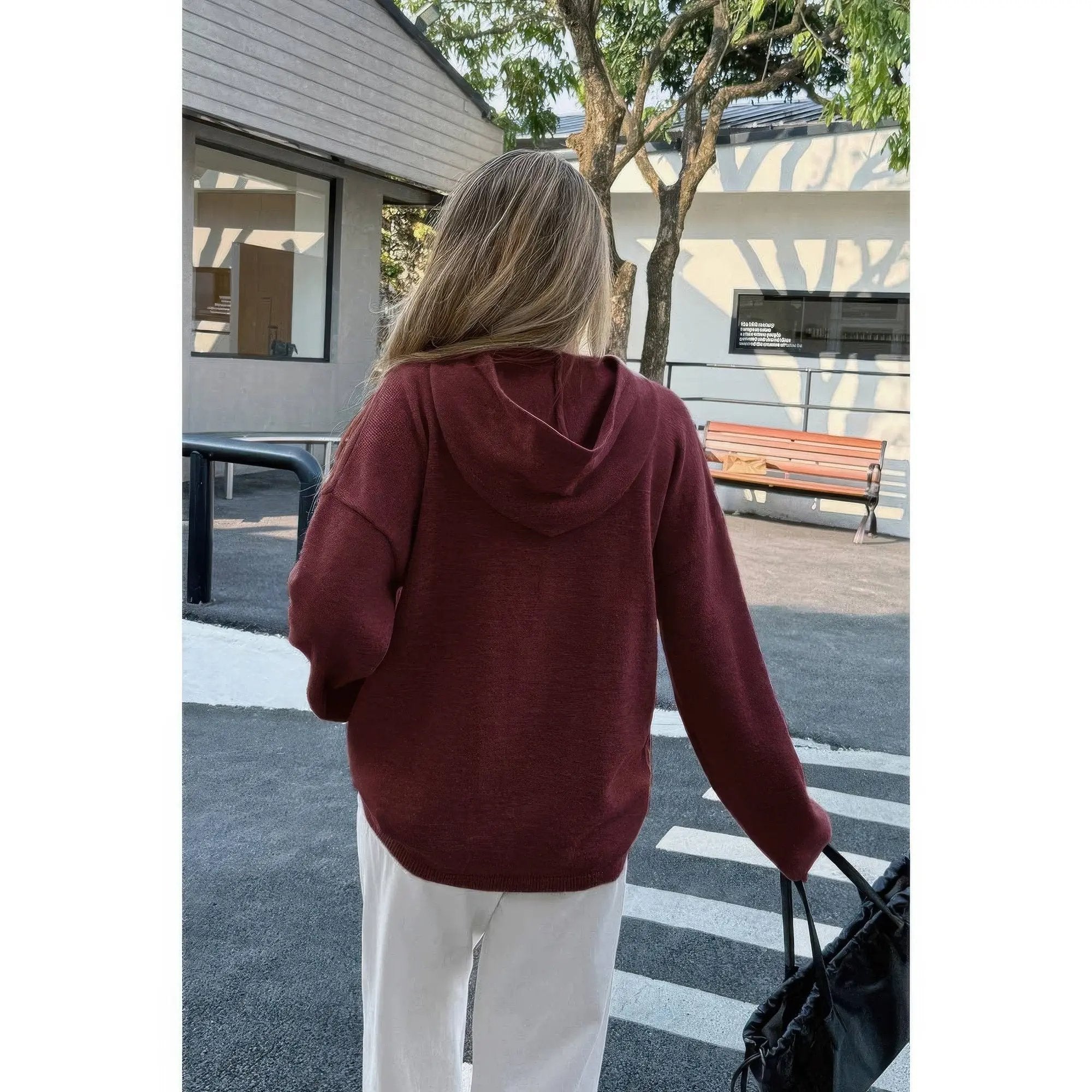 Solid Knit Long Sleeve Loose Hooded Sweater - DressAffection