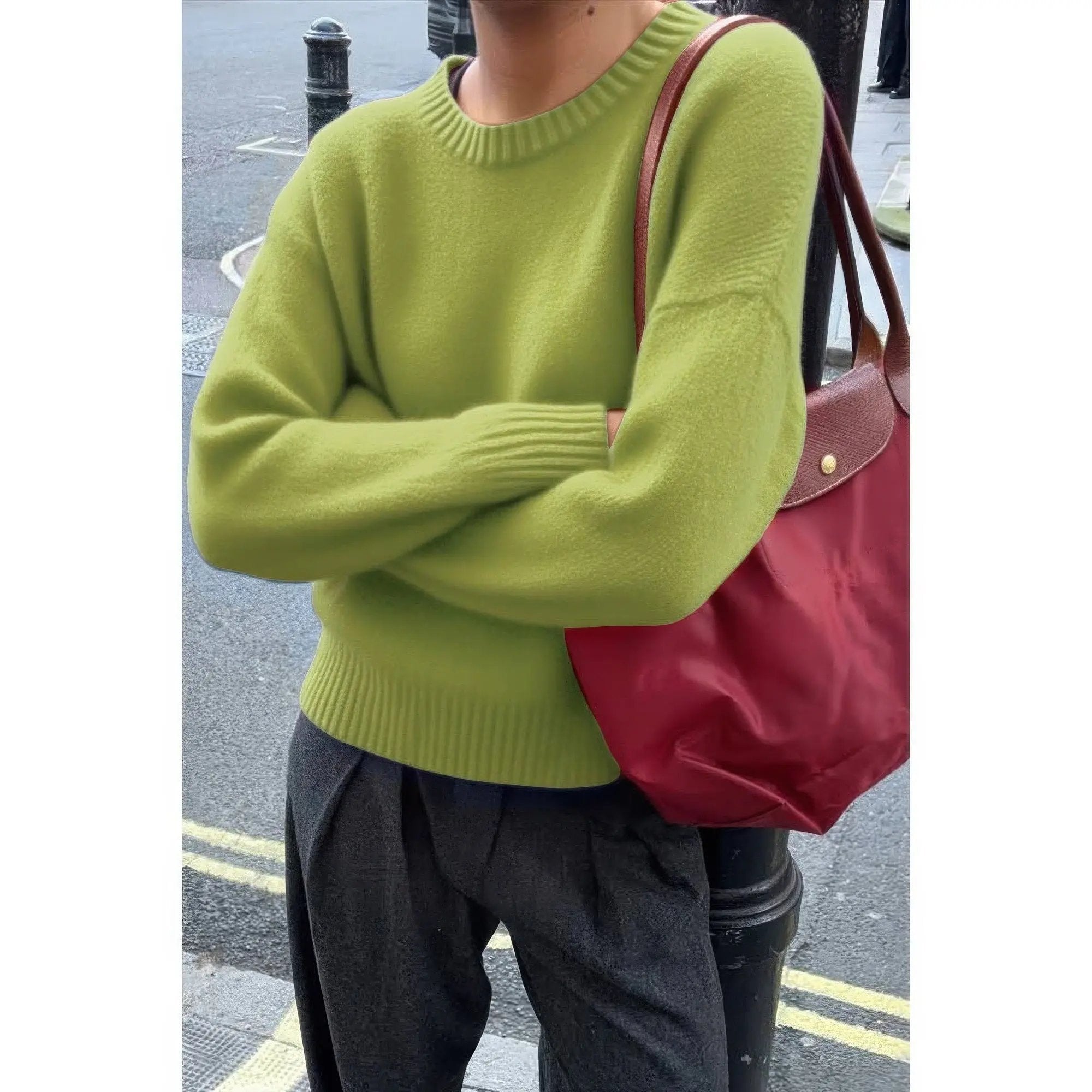 Solid Knit O Neck Long Sleeves Pullover Sweater - DressAffection