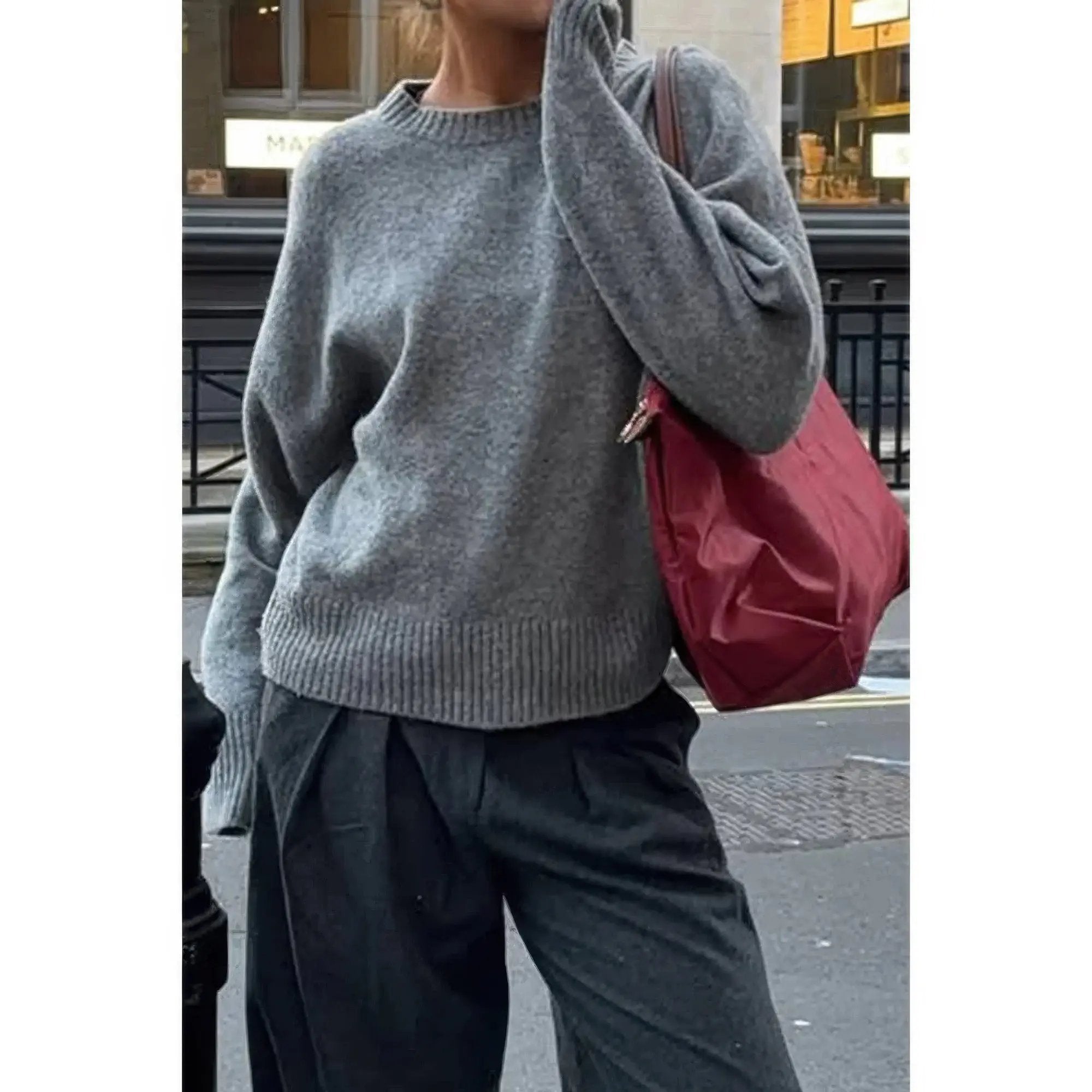 Solid Knit O Neck Long Sleeves Pullover Sweater - DressAffection