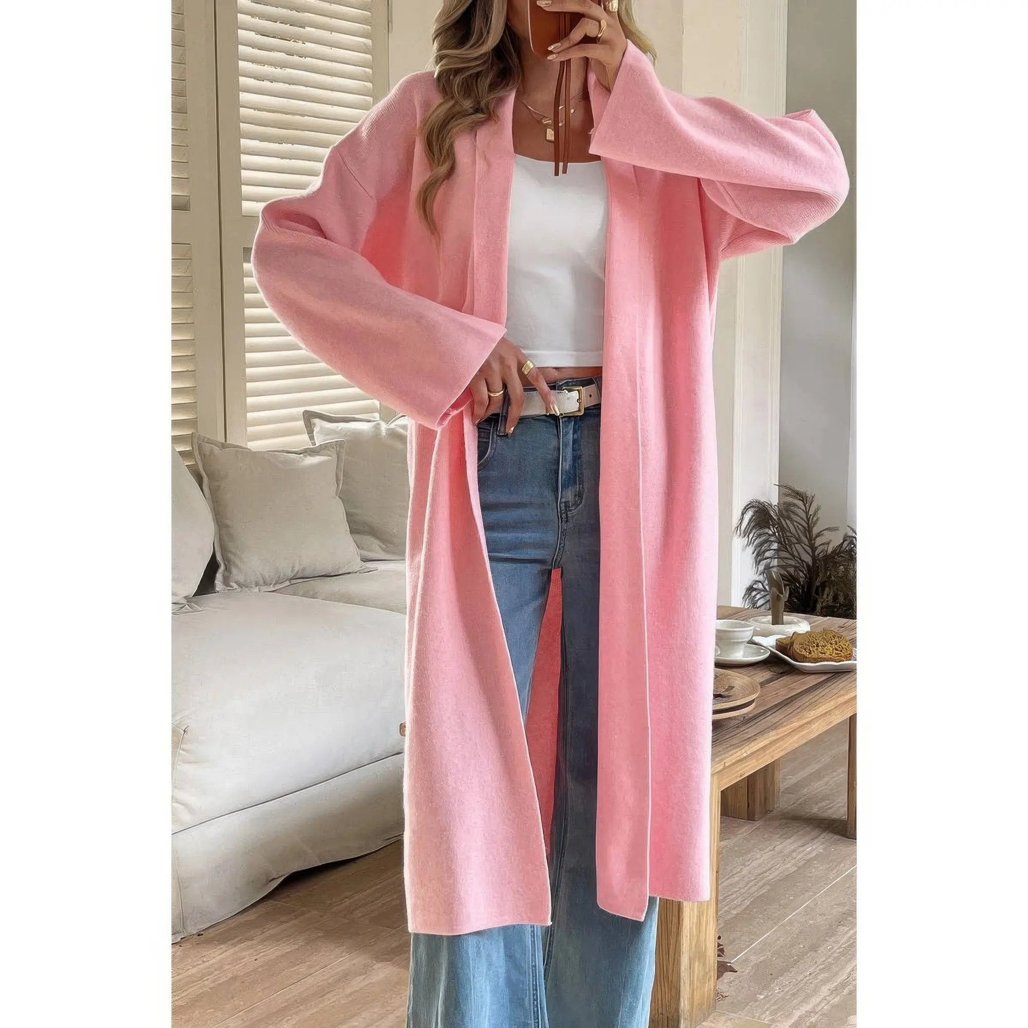 Solid Open Front Knit Long Body Cardigan - DressAffection
