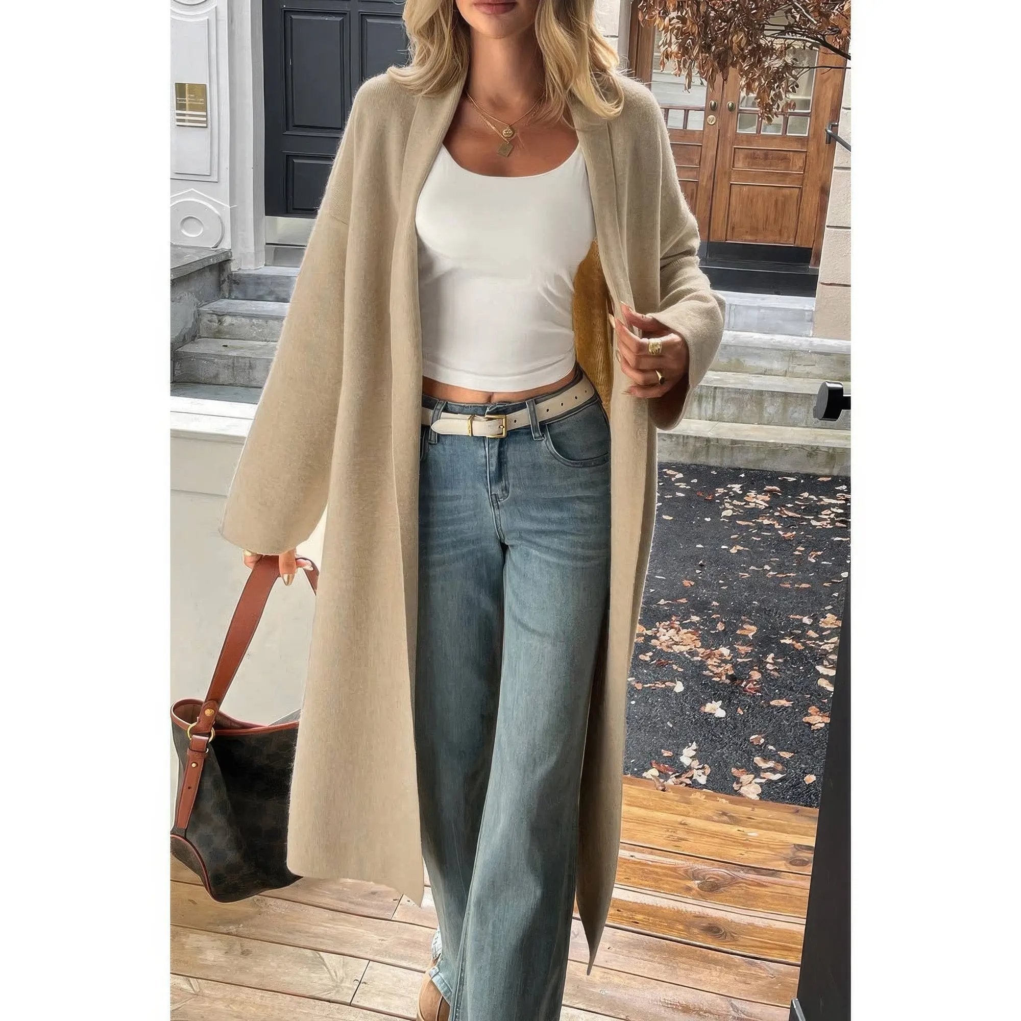 Solid Open Front Knit Long Body Cardigan - DressAffection
