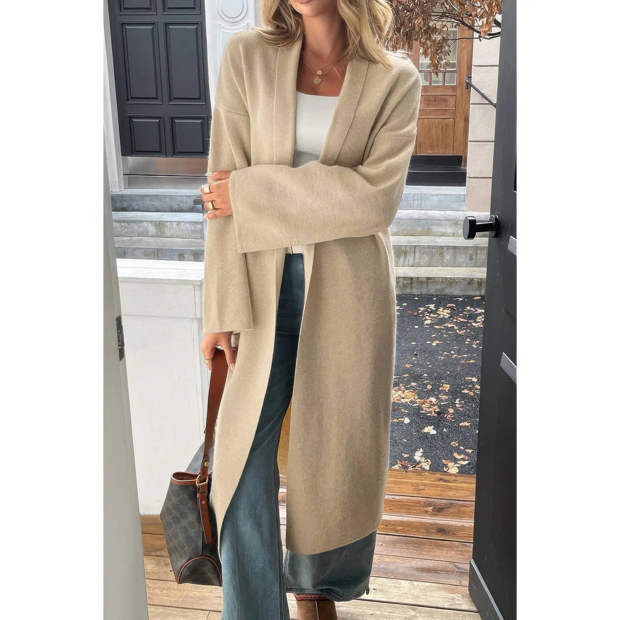 Solid Open Front Knit Long Body Cardigan - DressAffection