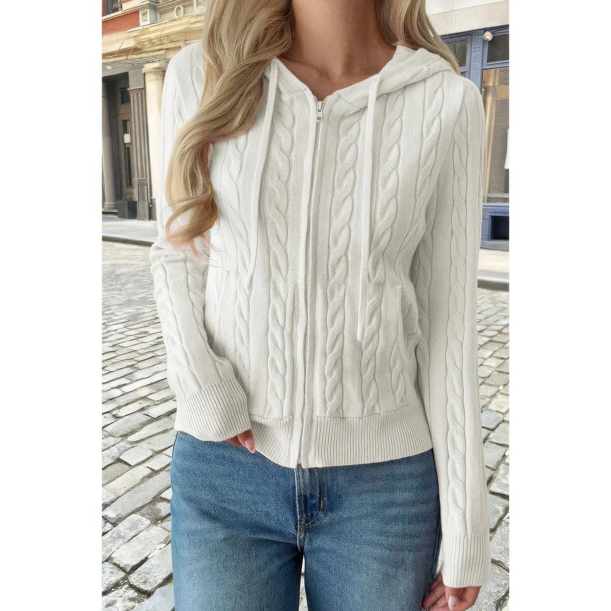 Solid Pocket Cable Knit Hooded Jacket - DressAffection