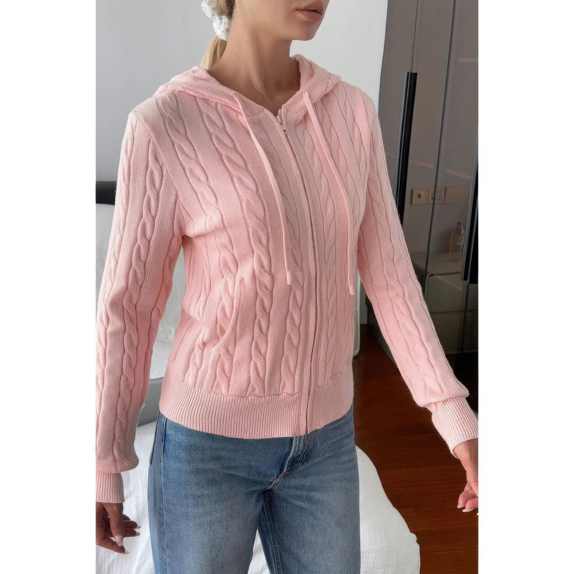 Solid Pocket Cable Knit Hooded Jacket - DressAffection