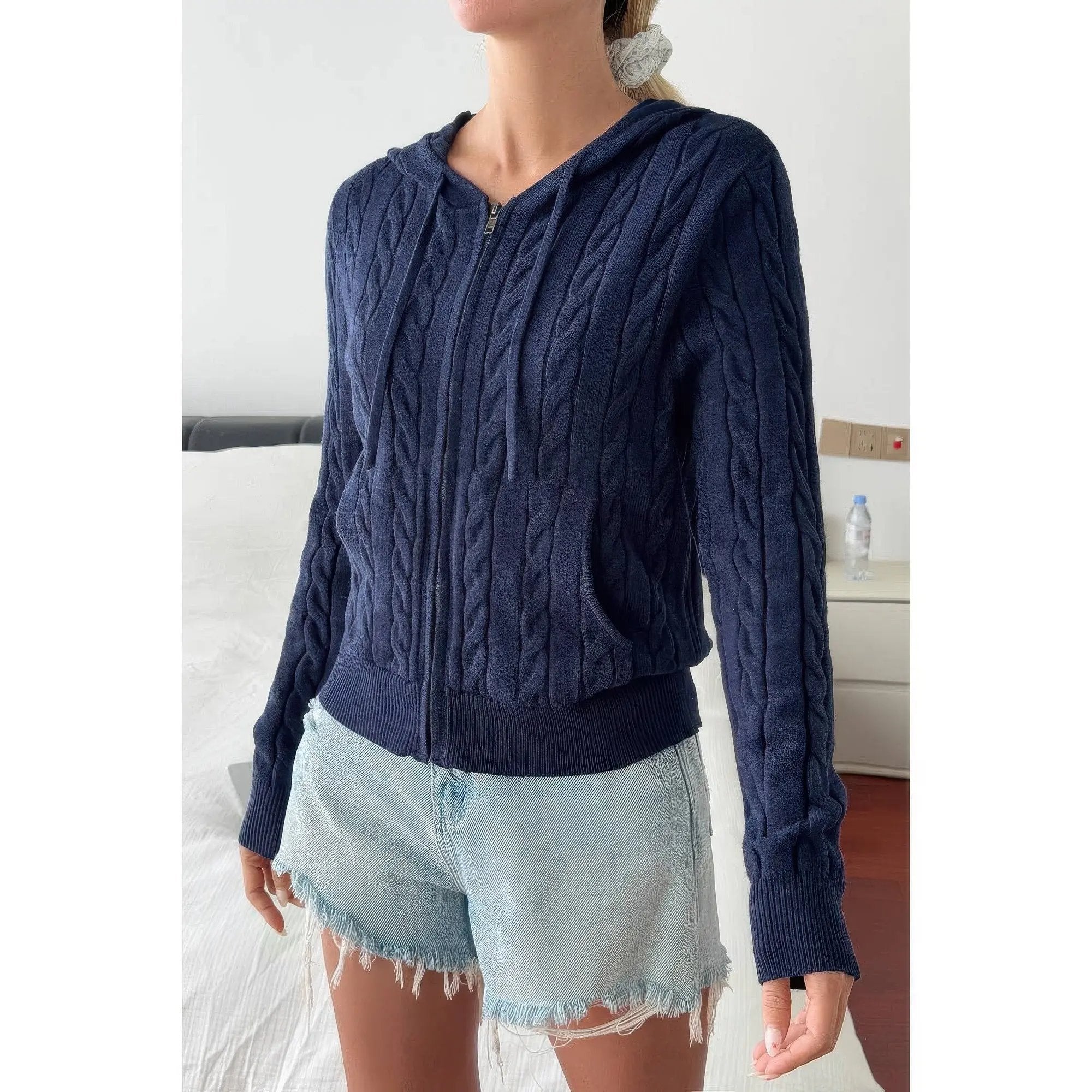 Solid Pocket Cable Knit Hooded Jacket - DressAffection