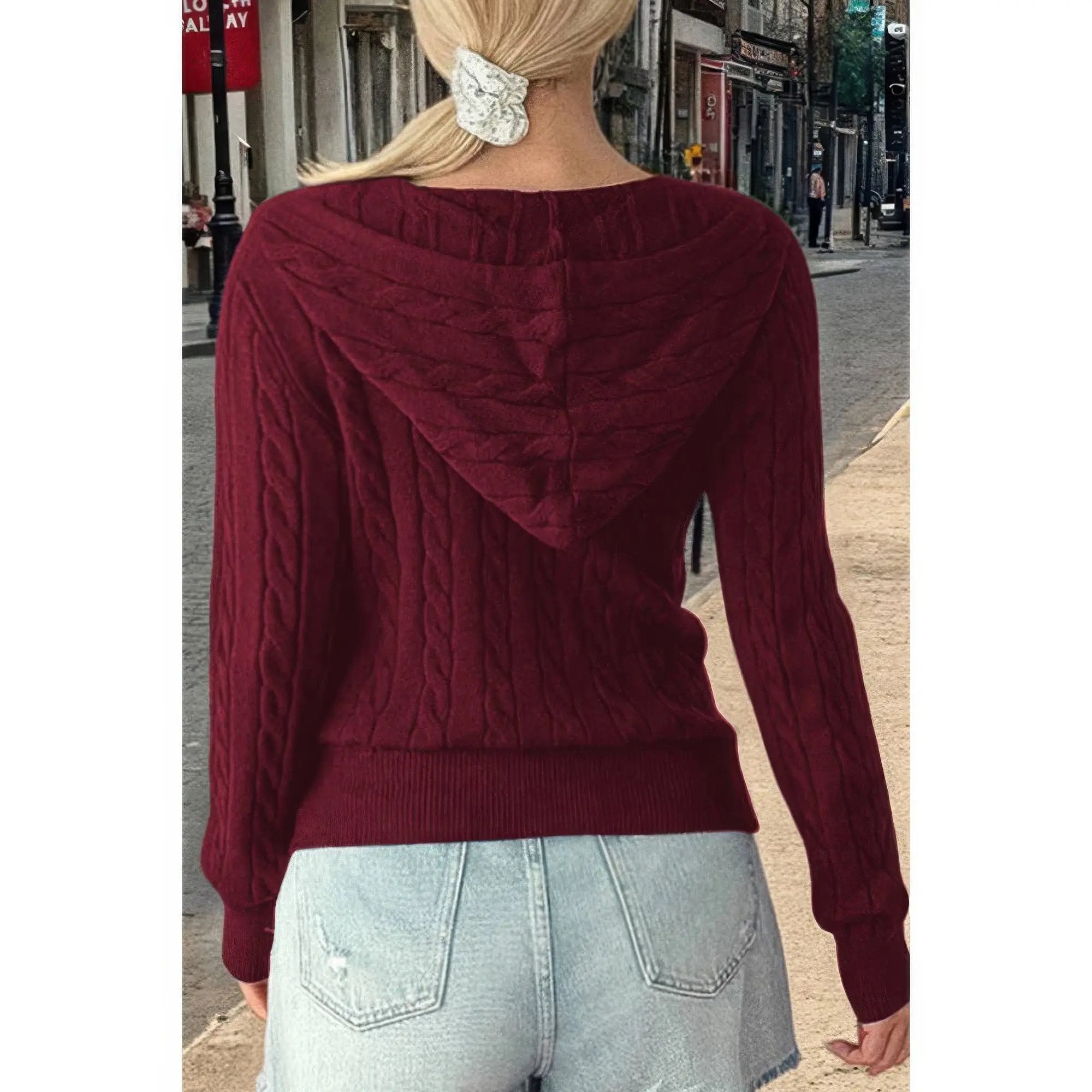 Solid Pocket Cable Knit Hooded Jacket - DressAffection