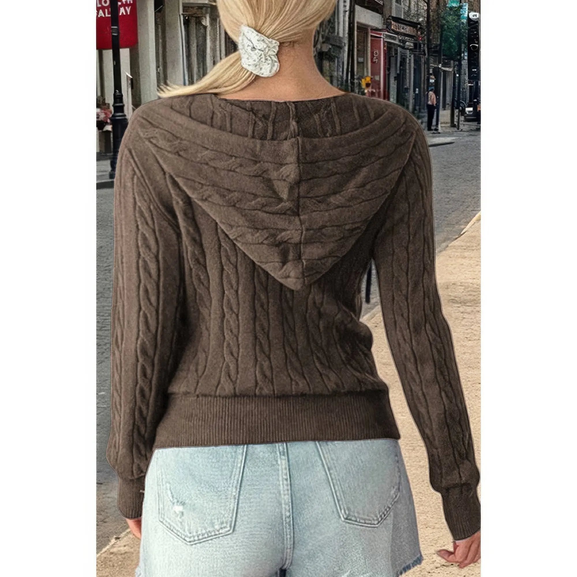 Solid Pocket Cable Knit Hooded Jacket - DressAffection