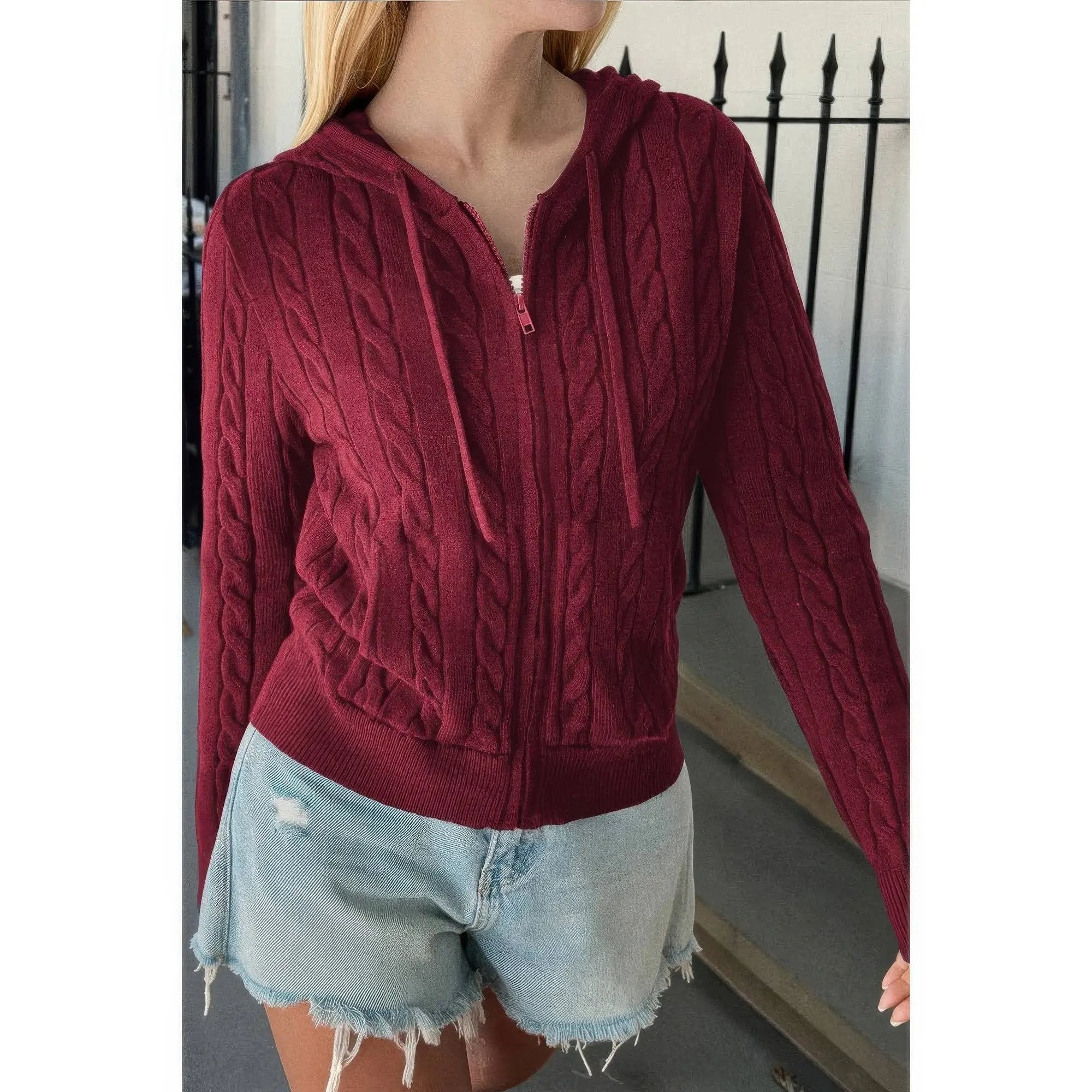 Solid Pocket Cable Knit Hooded Jacket - DressAffection