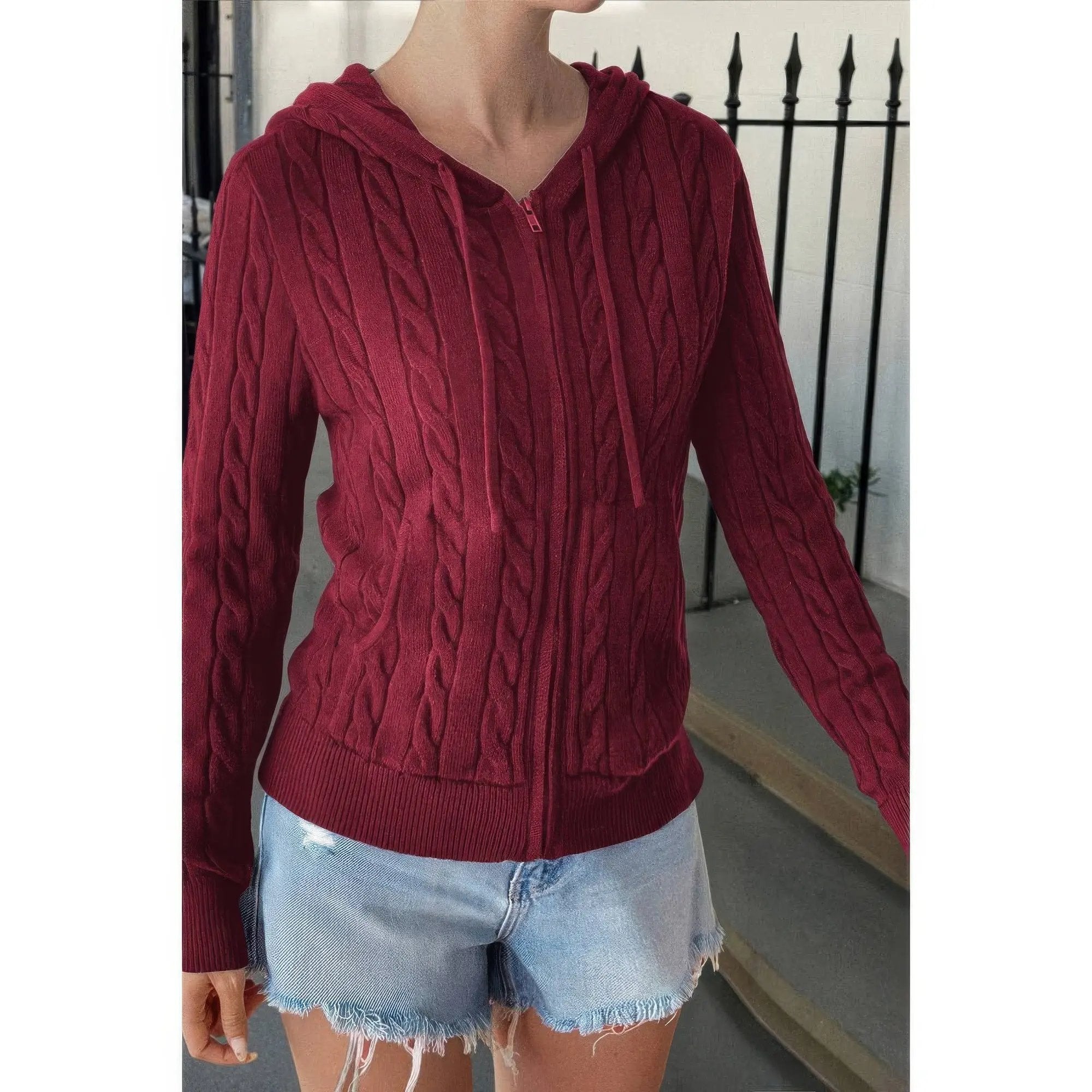 Solid Pocket Cable Knit Hooded Jacket - DressAffection