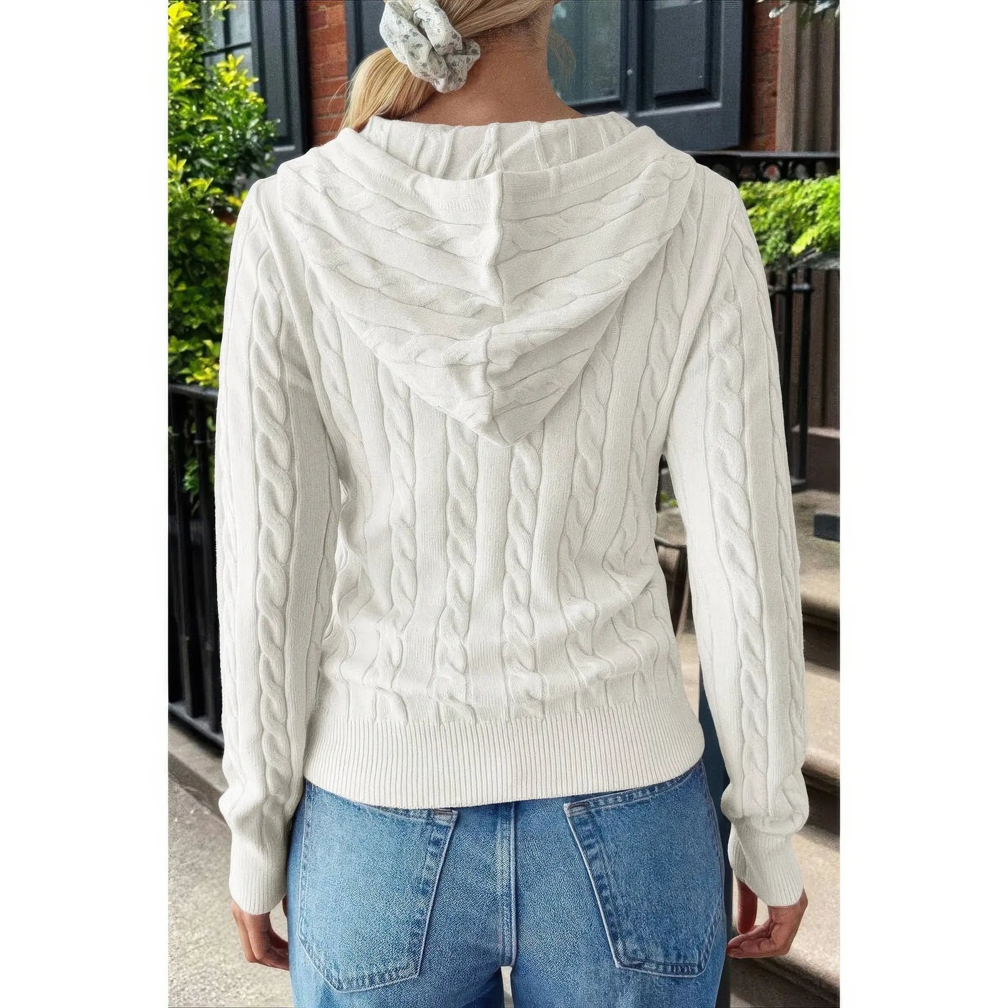 Solid Pocket Cable Knit Hooded Jacket - DressAffection