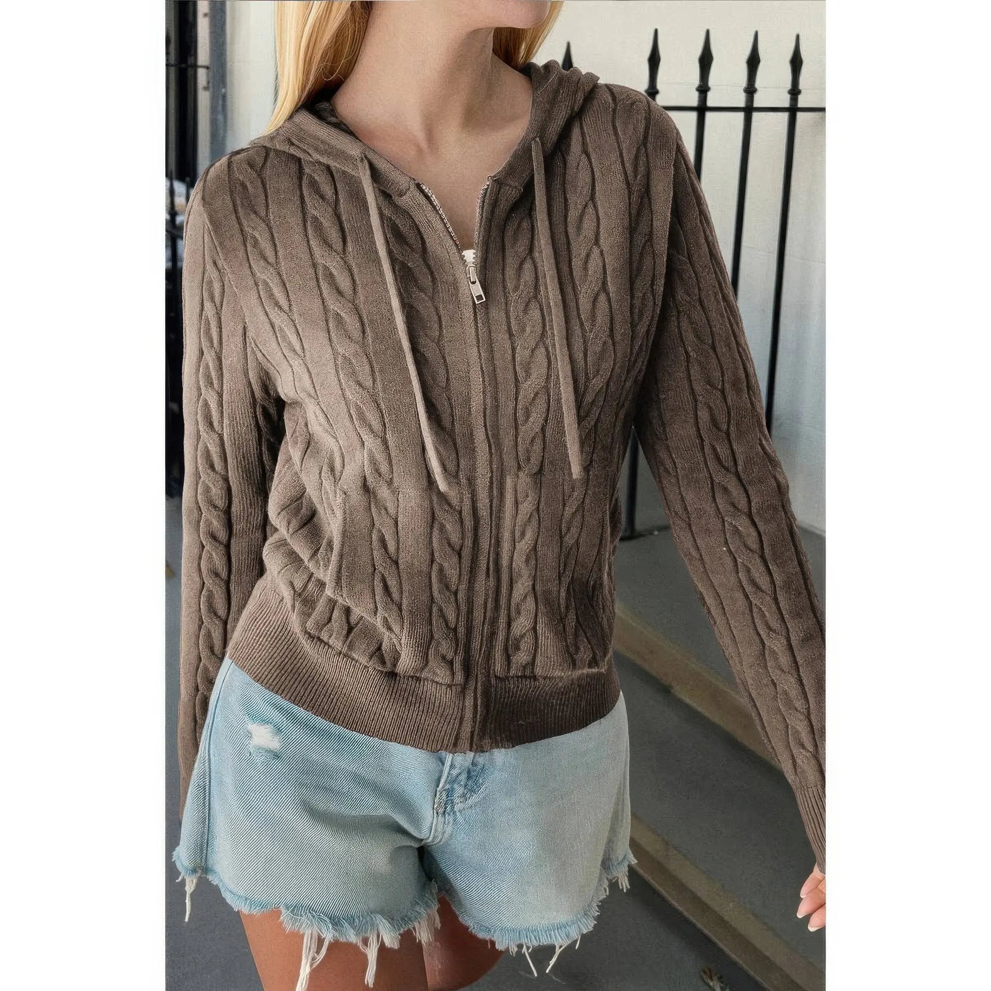 Solid Pocket Cable Knit Hooded Jacket - DressAffection