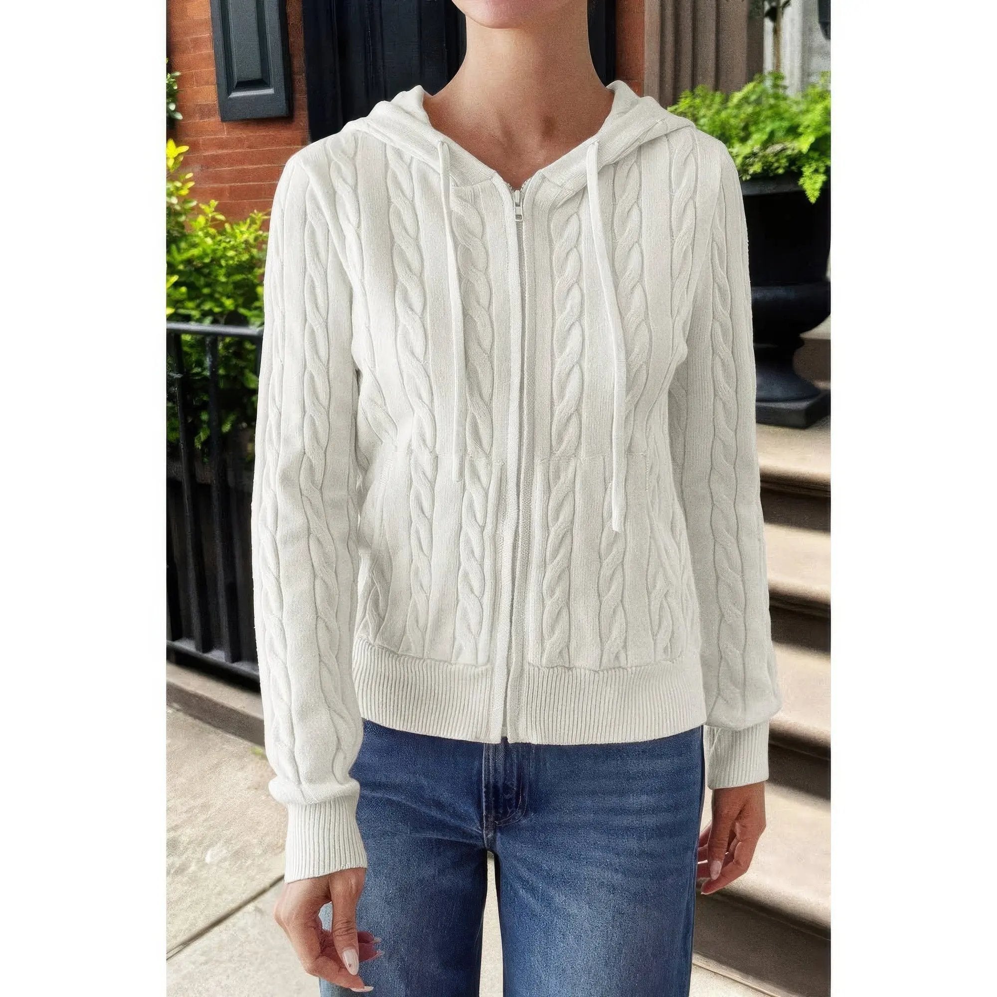 Solid Pocket Cable Knit Hooded Jacket - DressAffection