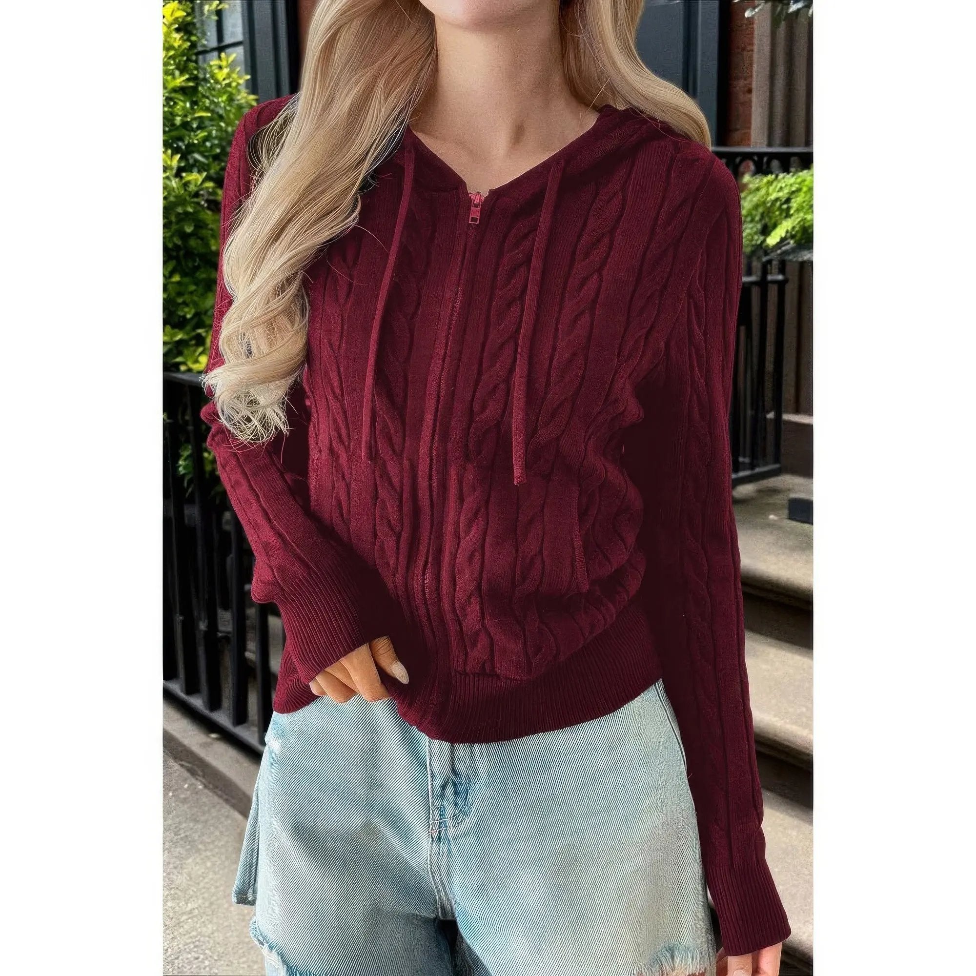 Solid Pocket Cable Knit Hooded Jacket - DressAffection