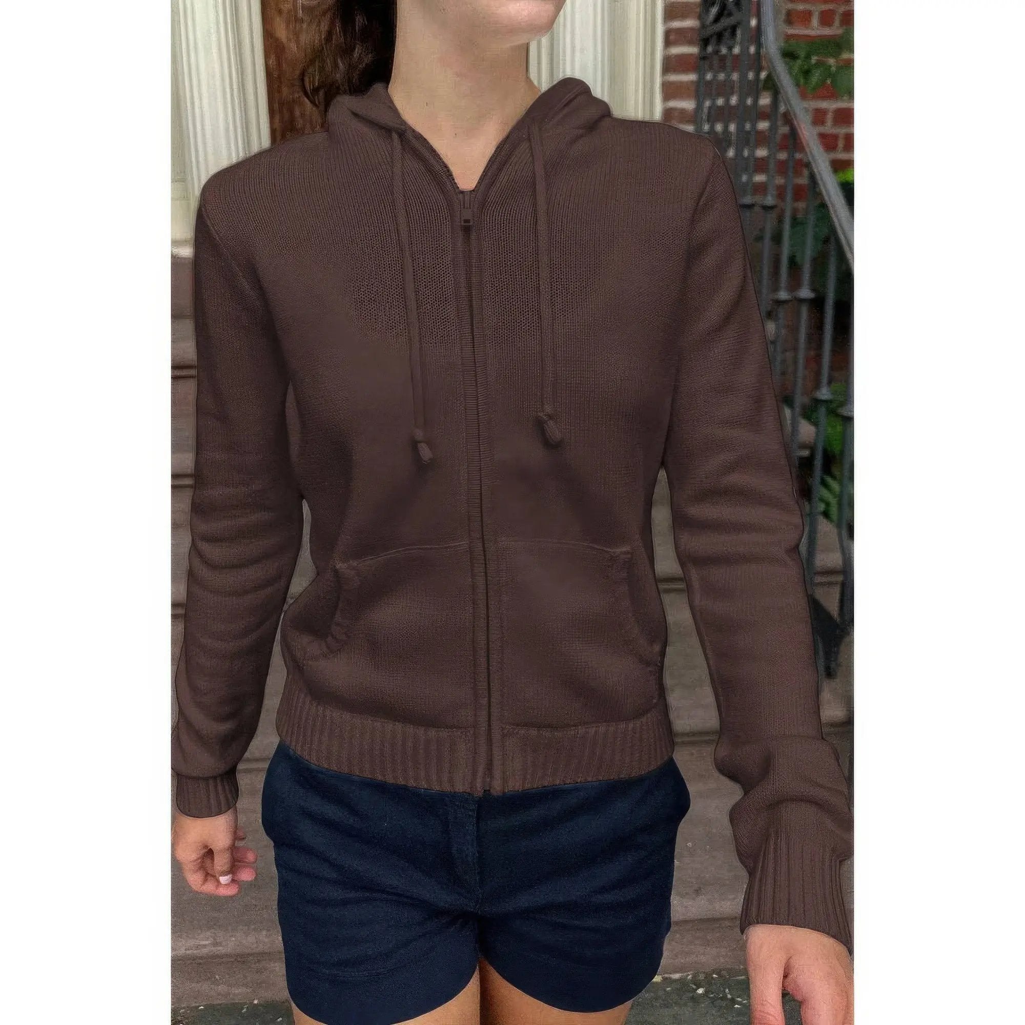 Solid Ribbed Knit Zipper Pockets Hoodie - DressAffection