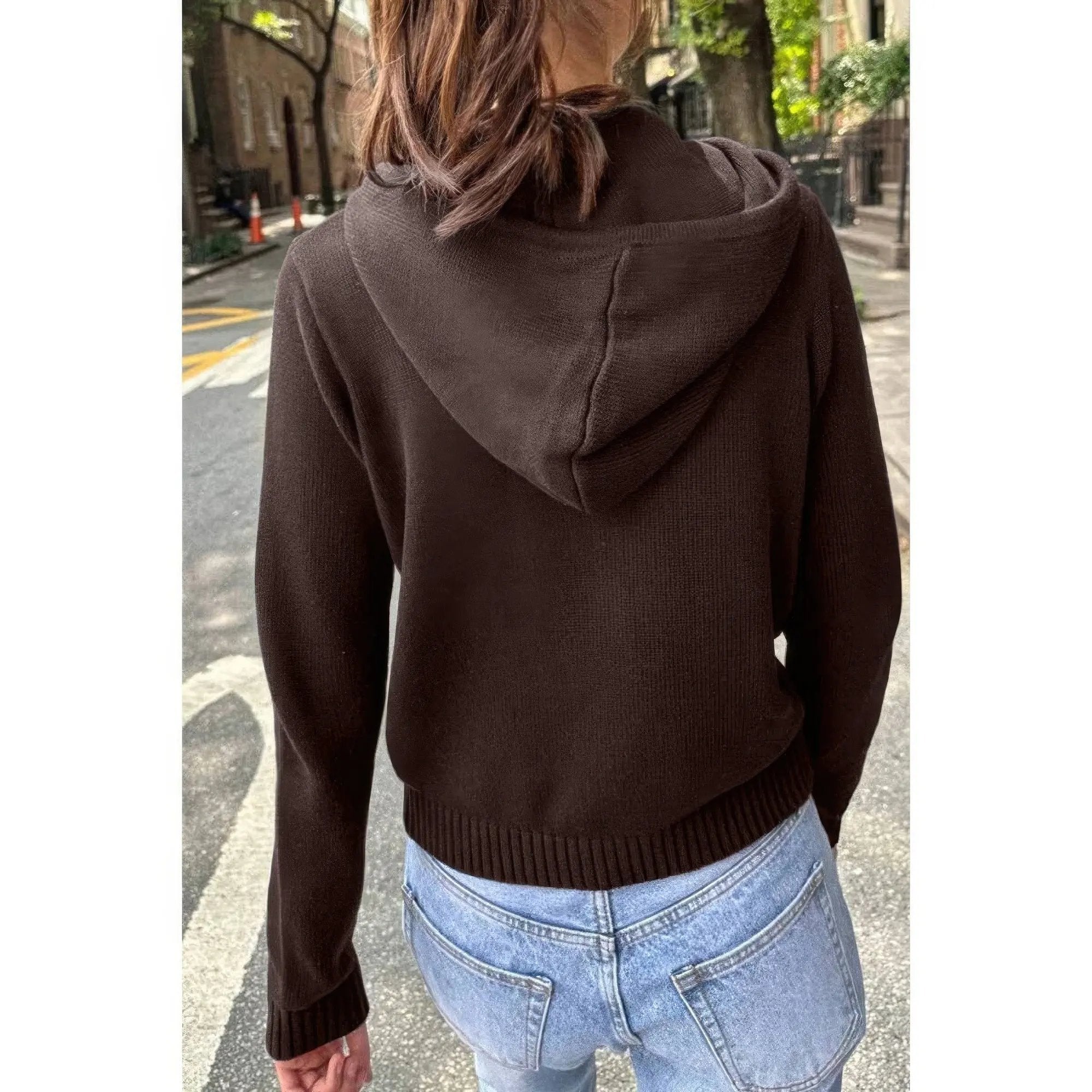 Solid Ribbed Knit Zipper Pockets Hoodie - DressAffection