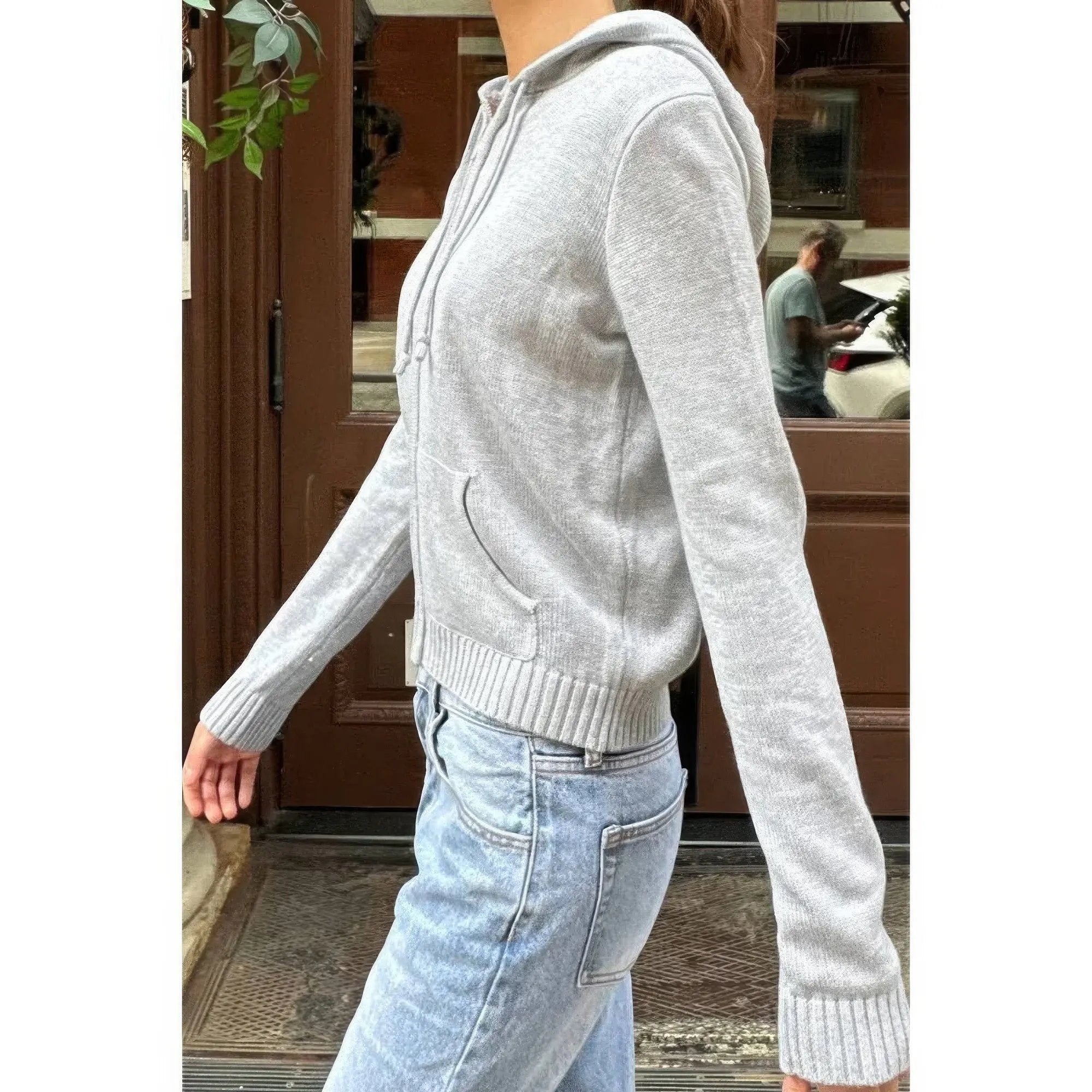 Solid Ribbed Knit Zipper Pockets Hoodie - DressAffection