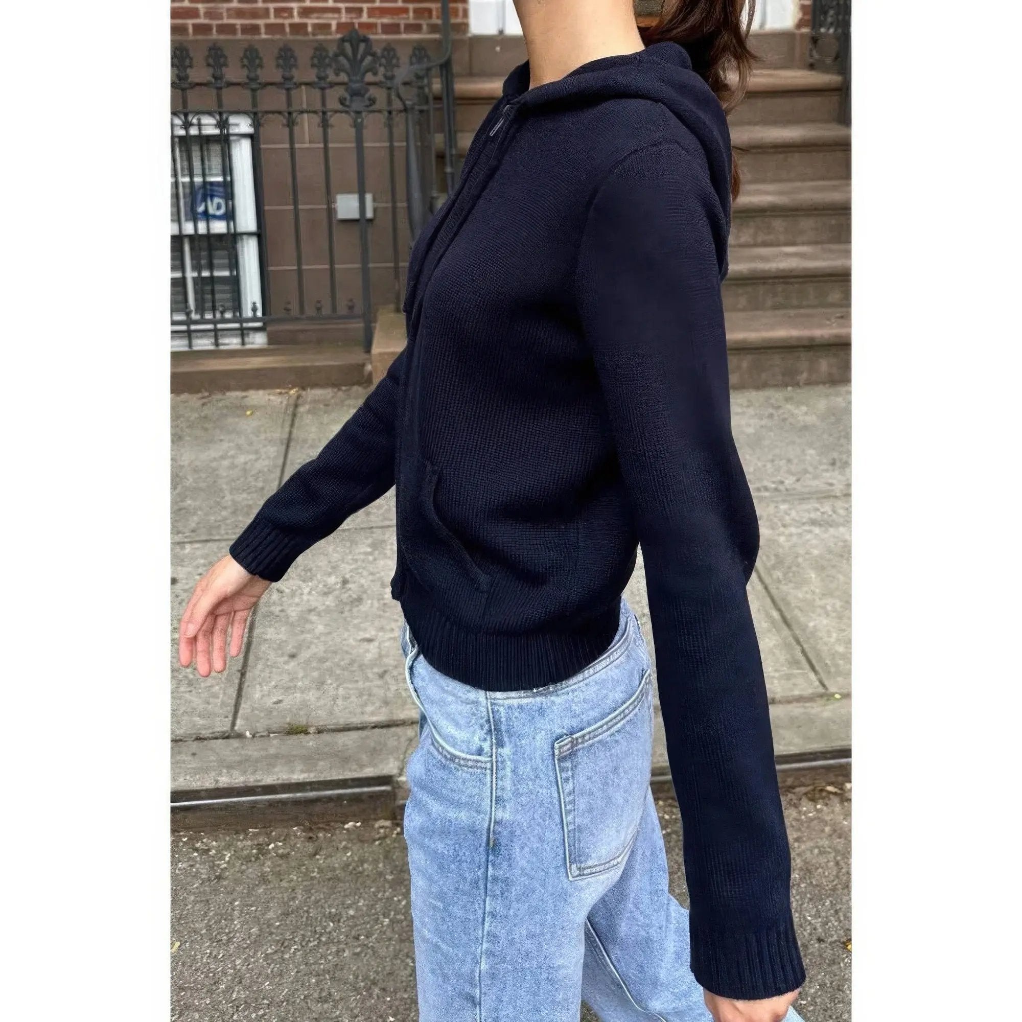 Solid Ribbed Knit Zipper Pockets Hoodie - DressAffection