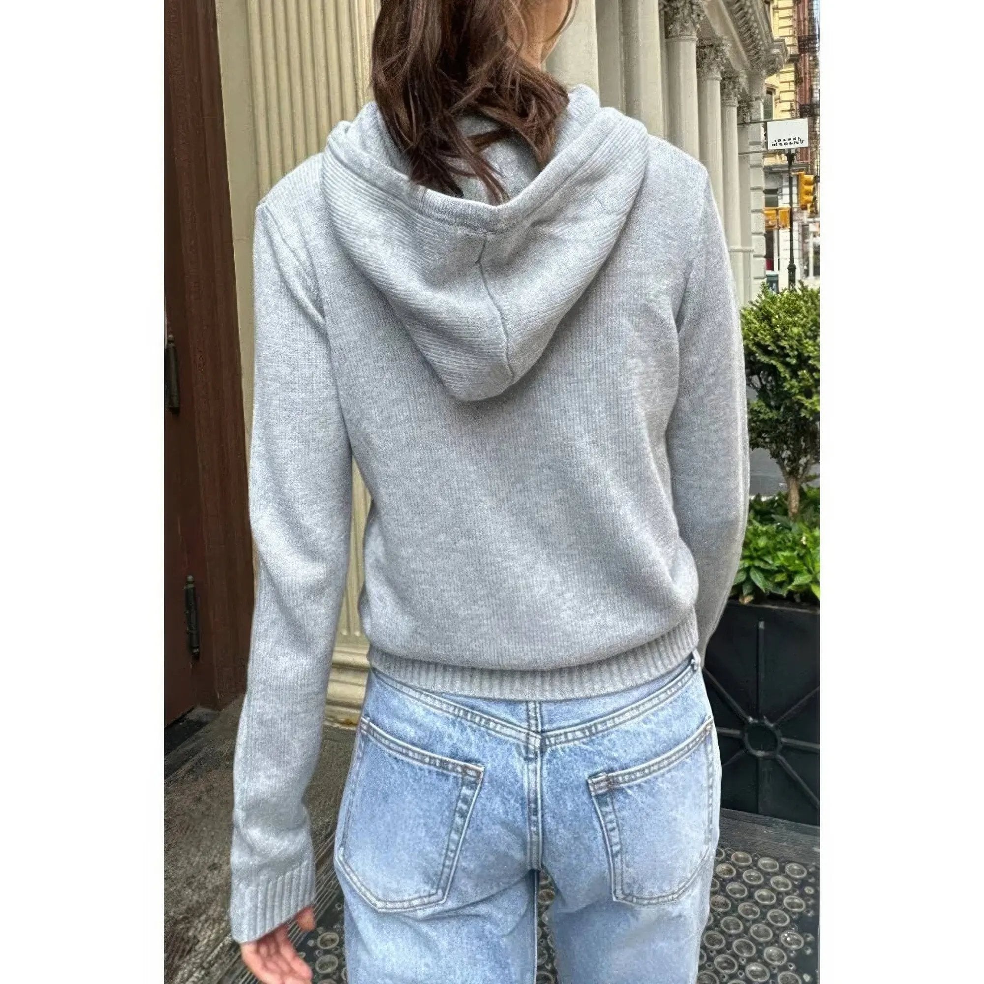 Solid Ribbed Knit Zipper Pockets Hoodie - DressAffection