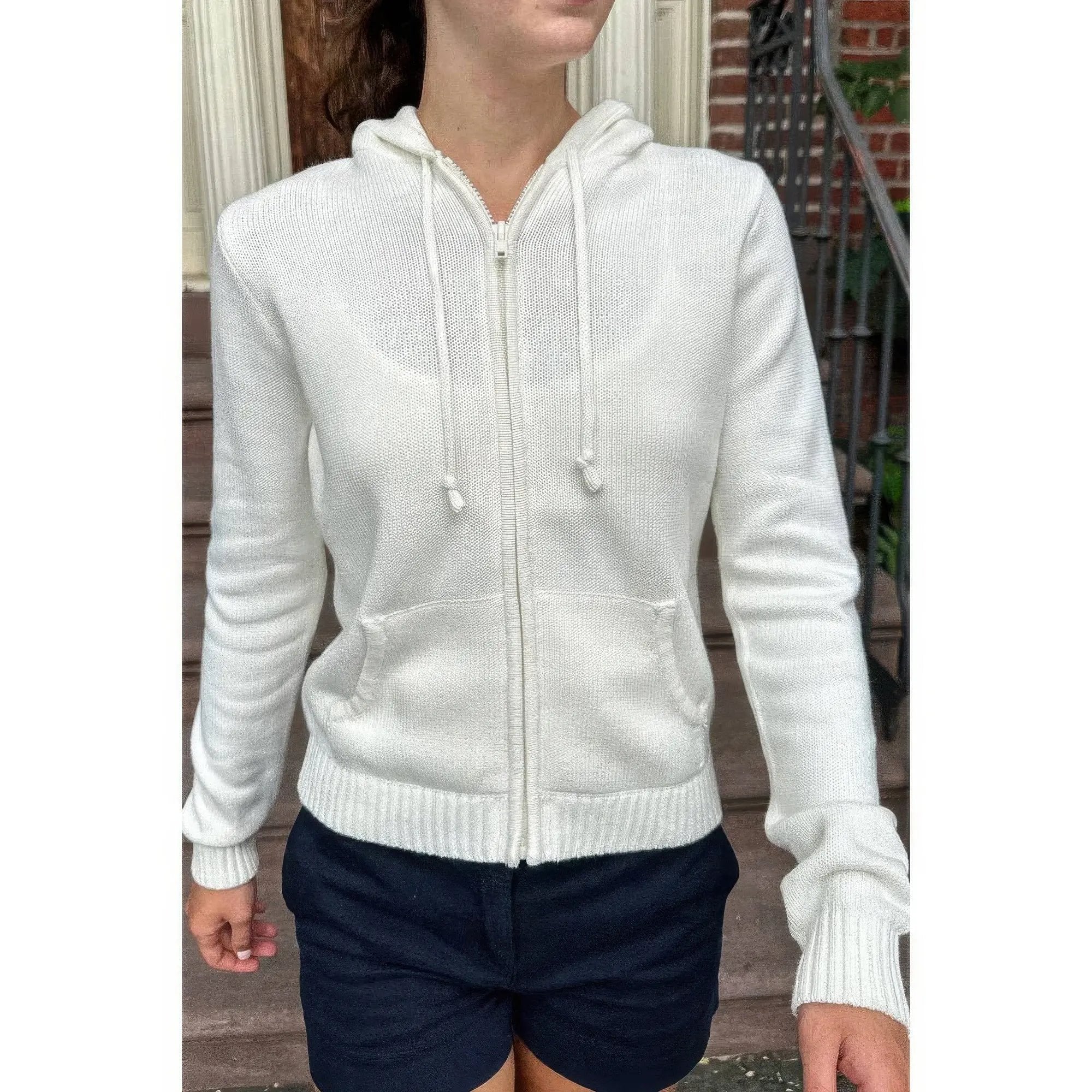 Solid Ribbed Knit Zipper Pockets Hoodie - DressAffection