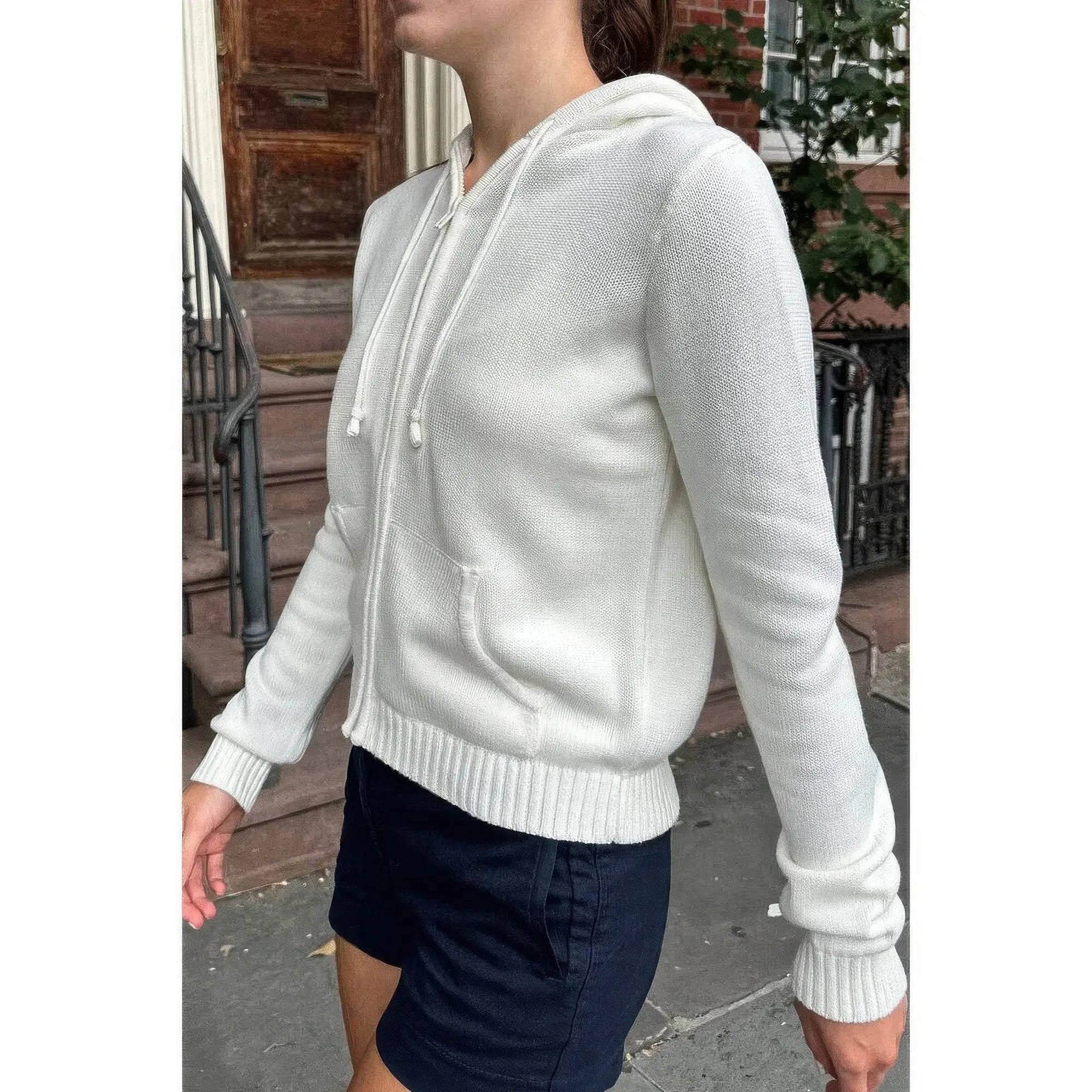Solid Ribbed Knit Zipper Pockets Hoodie - DressAffection