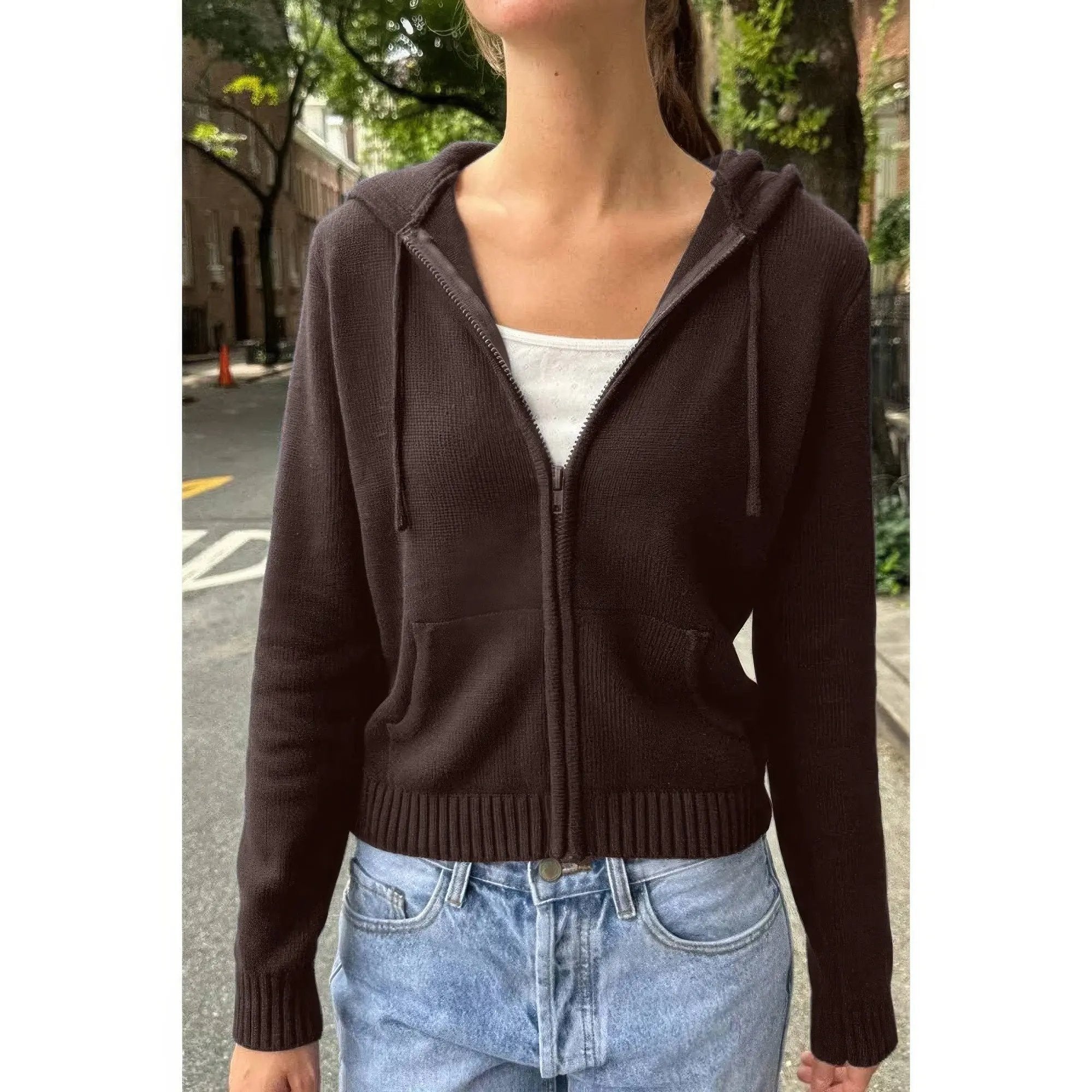Solid Ribbed Knit Zipper Pockets Hoodie - DressAffection