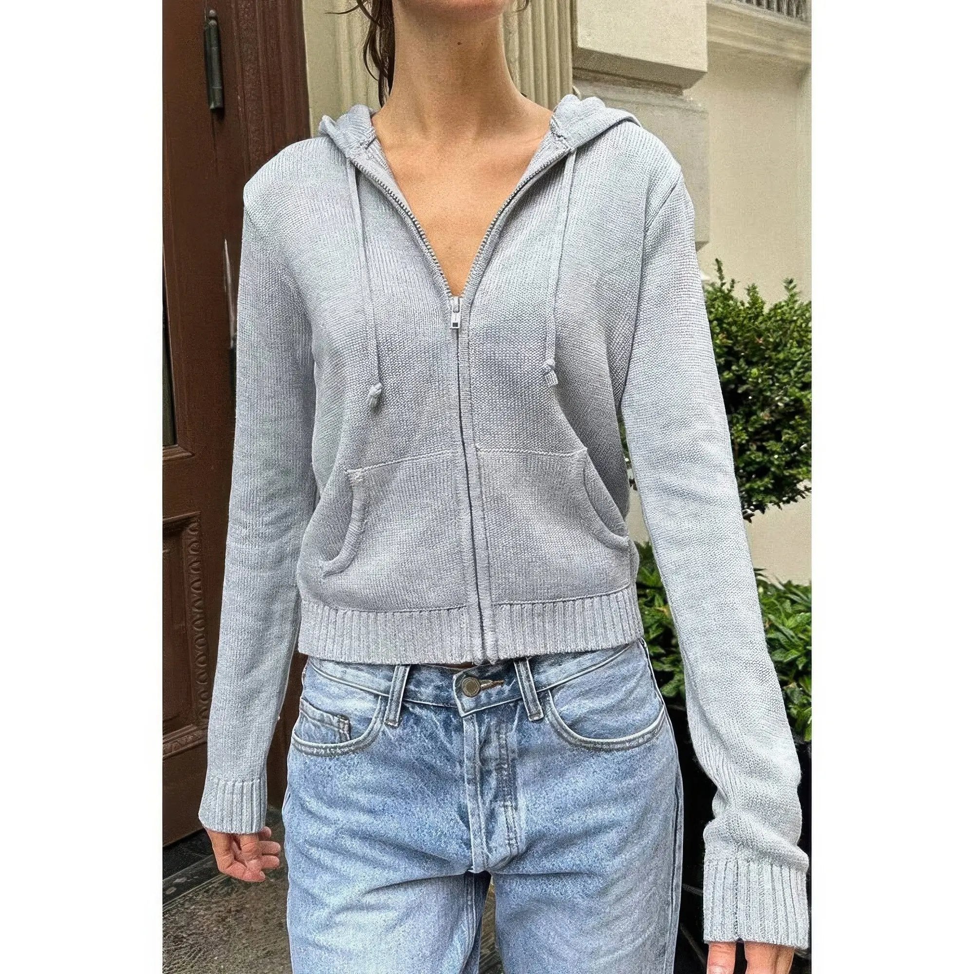 Solid Ribbed Knit Zipper Pockets Hoodie - DressAffection