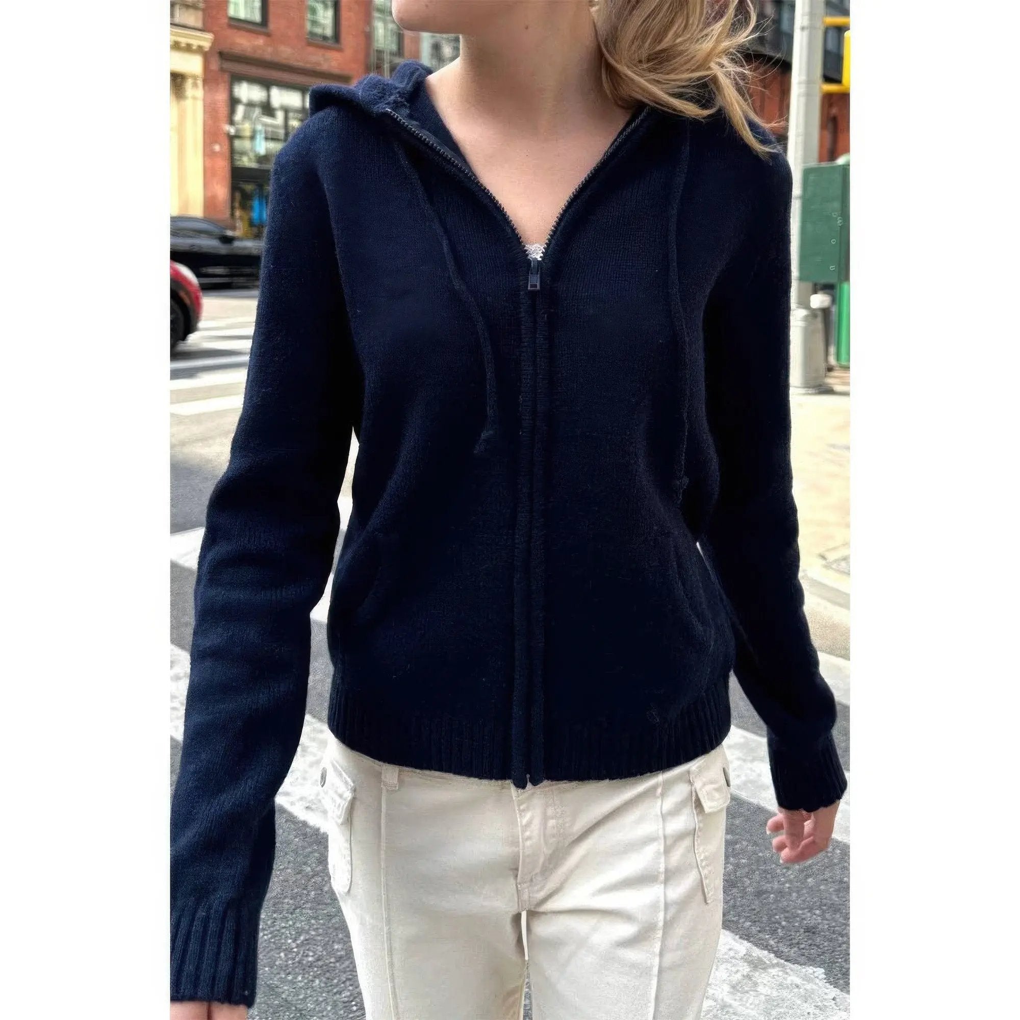 Solid Ribbed Knit Zipper Pockets Hoodie - DressAffection