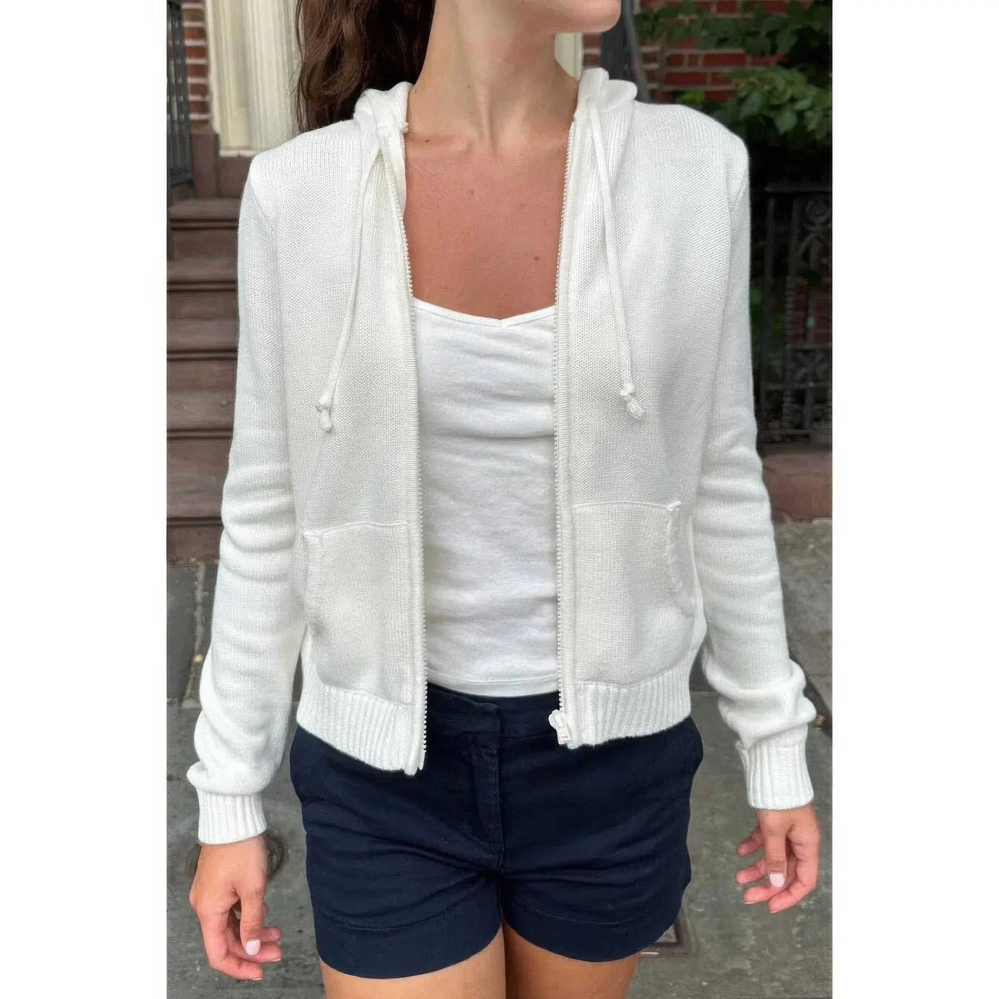 Solid Ribbed Knit Zipper Pockets Hoodie - DressAffection