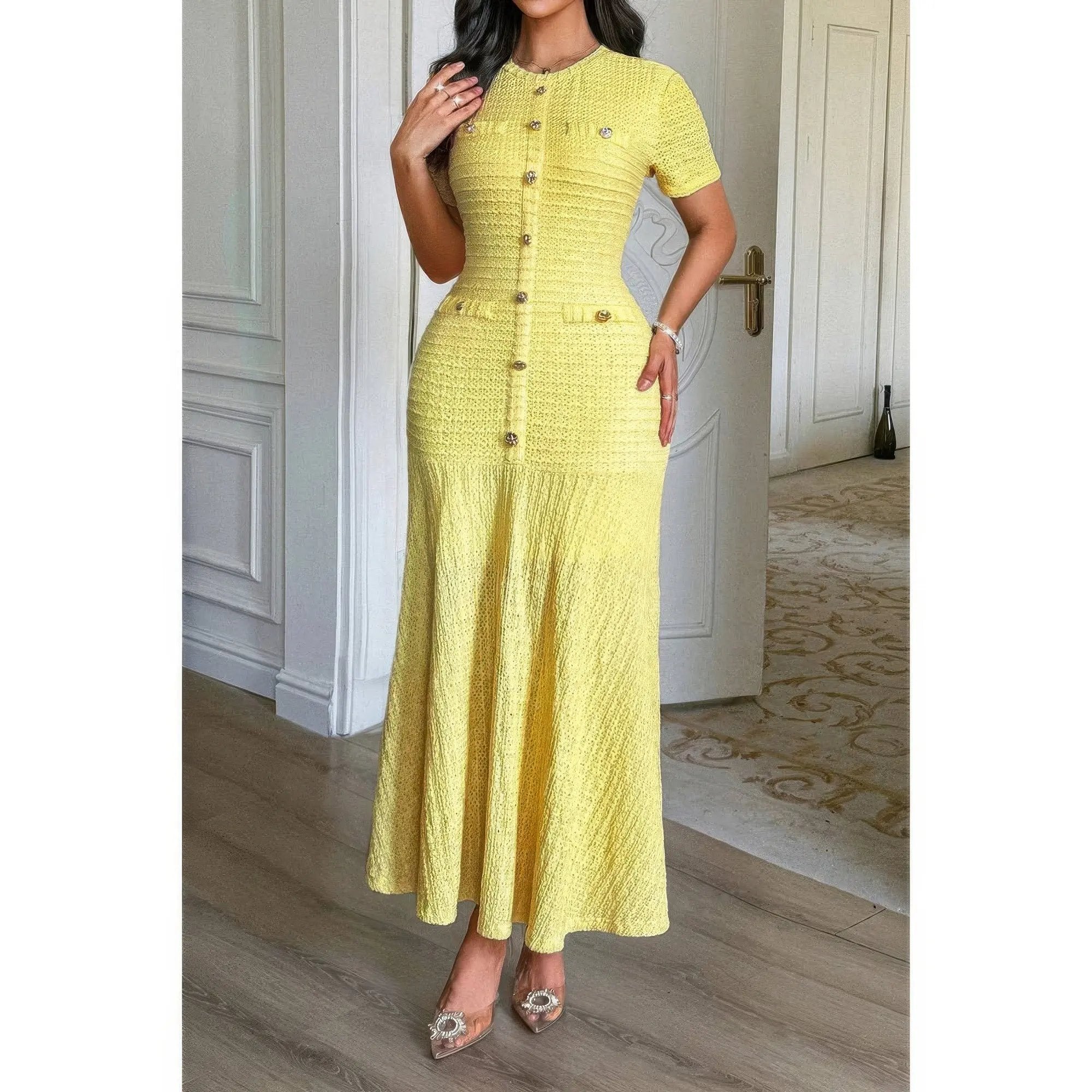 Solid Round Neck Button Elegant Sheath Dress - DressAffection