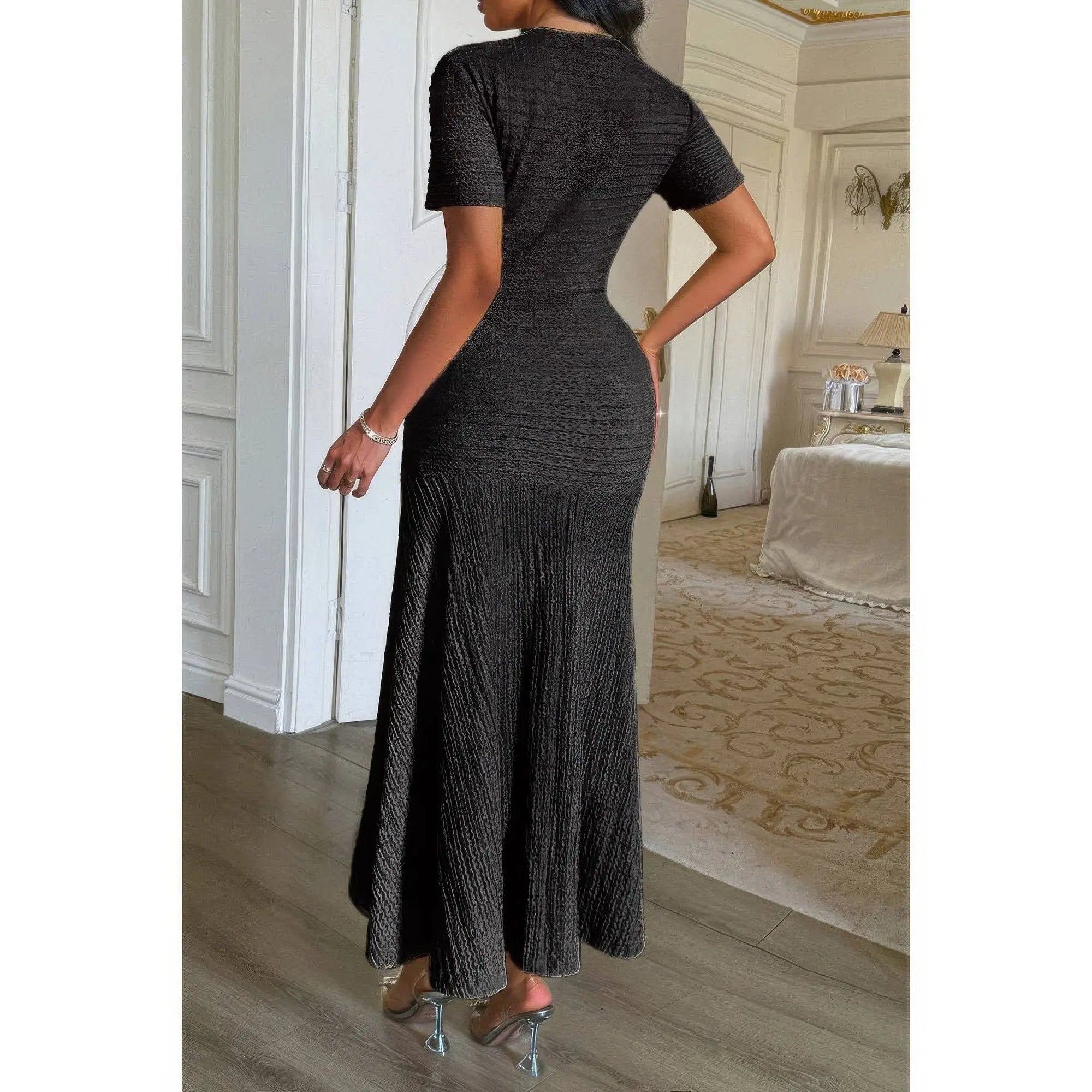 Solid Round Neck Button Elegant Sheath Dress - DressAffection