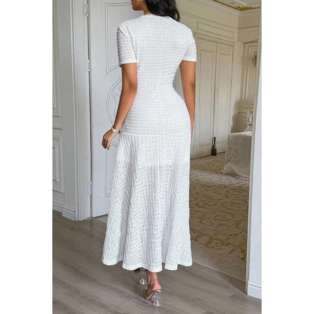 Solid Round Neck Button Elegant Sheath Dress - DressAffection