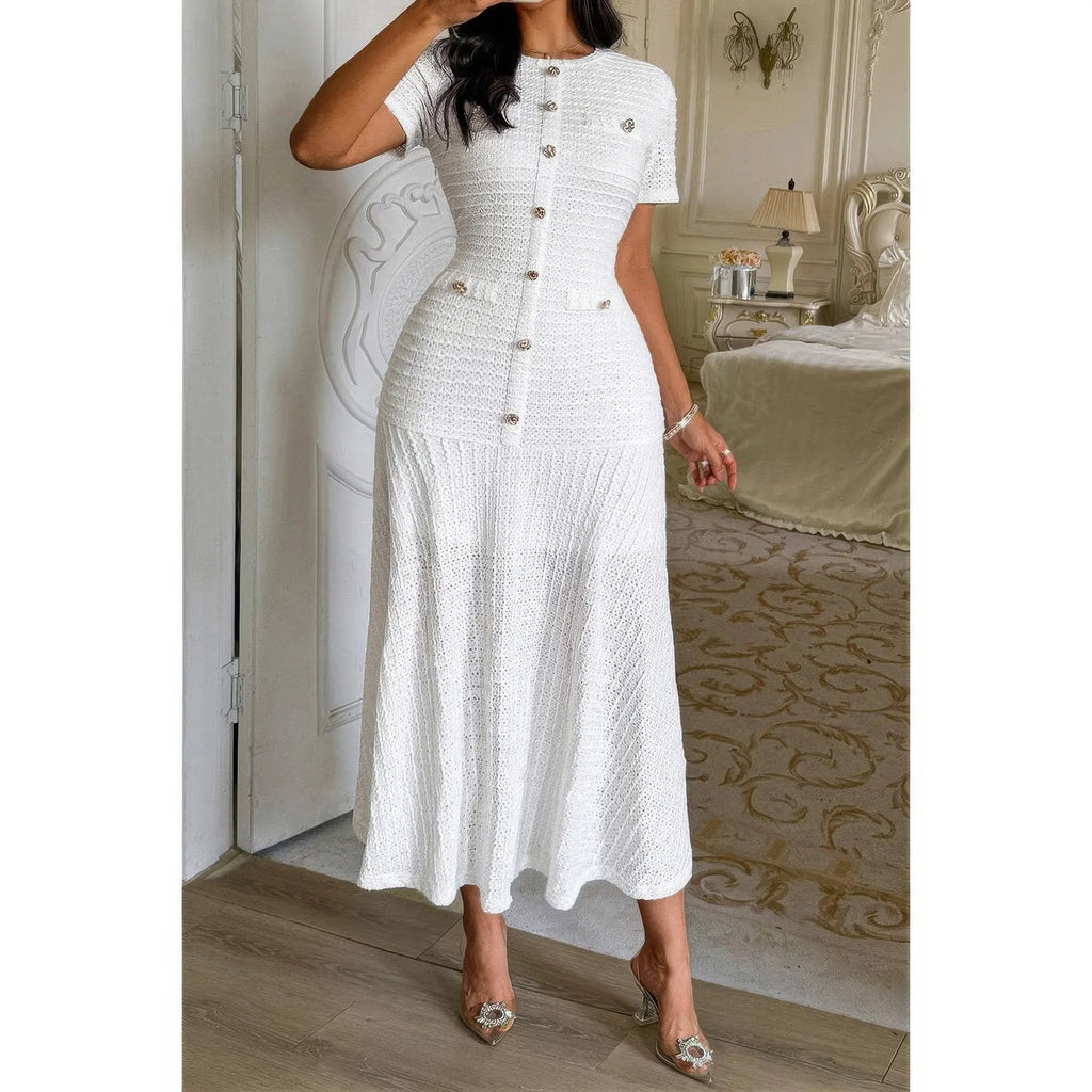 Solid Round Neck Button Elegant Sheath Dress - DressAffection