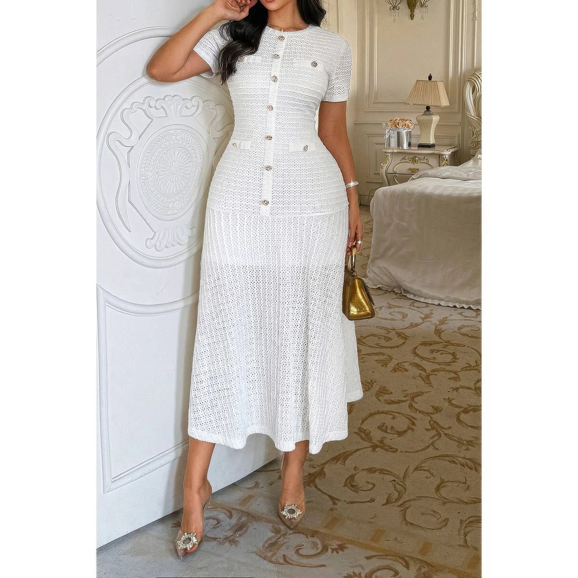 Solid Round Neck Button Elegant Sheath Dress - DressAffection