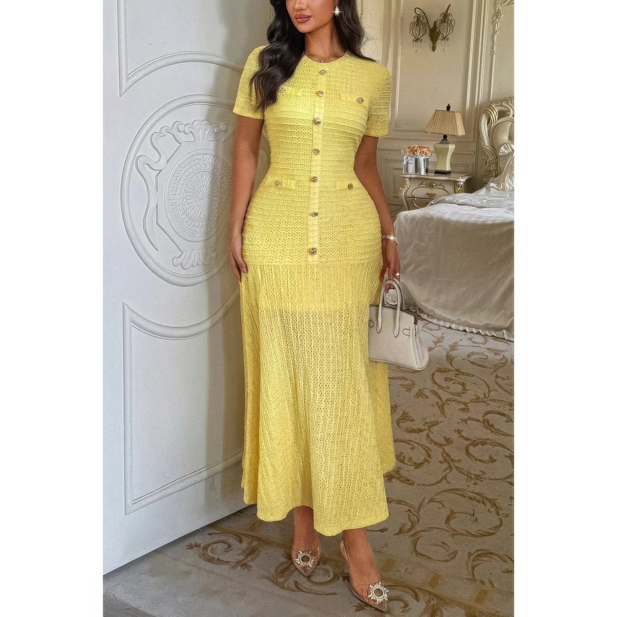 Solid Round Neck Button Elegant Sheath Dress - DressAffection