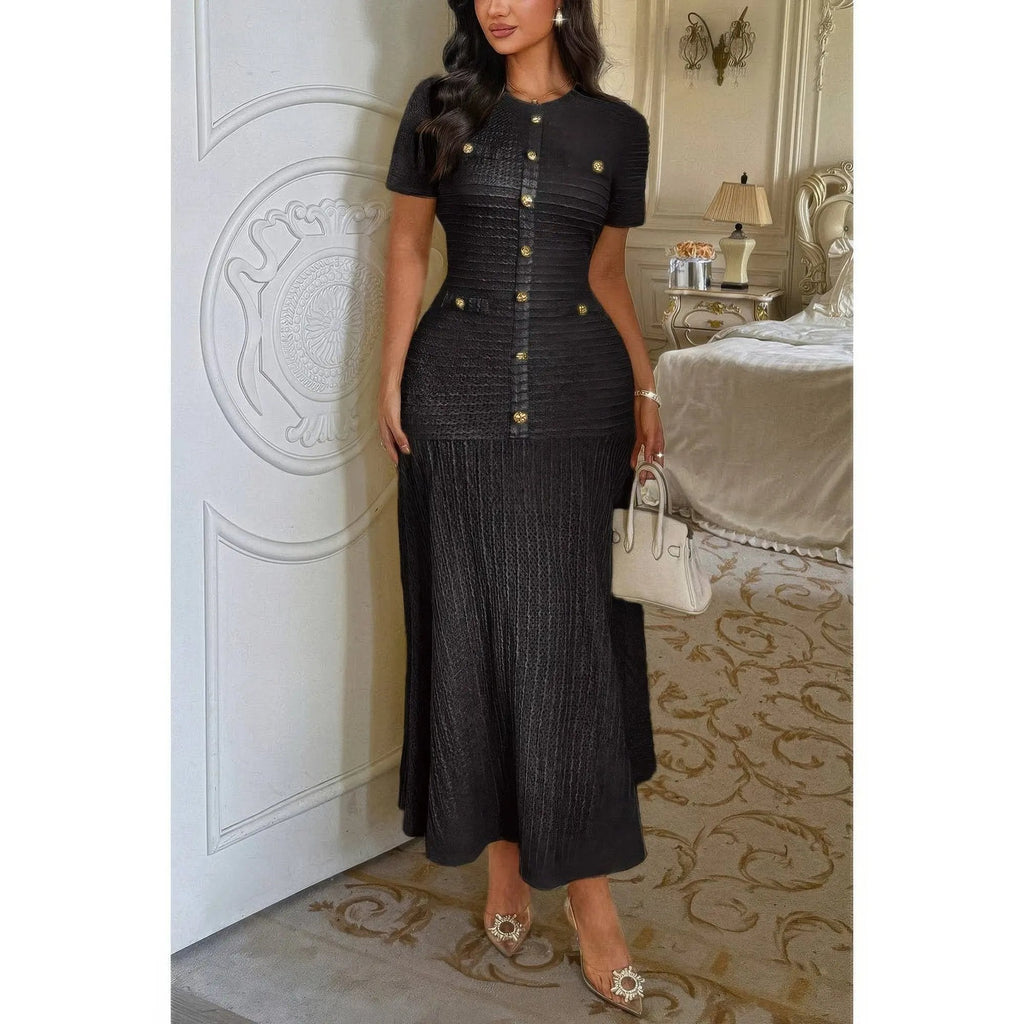 Solid Round Neck Button Elegant Sheath Dress - DressAffection