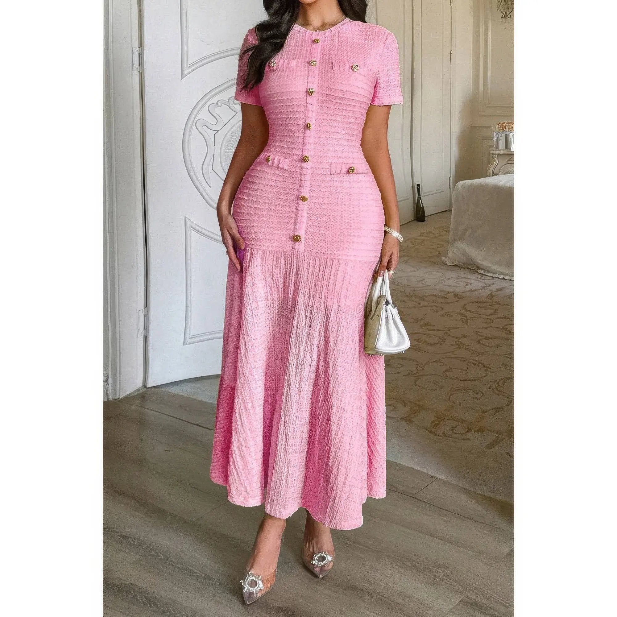 Solid Round Neck Button Elegant Sheath Dress - DressAffection