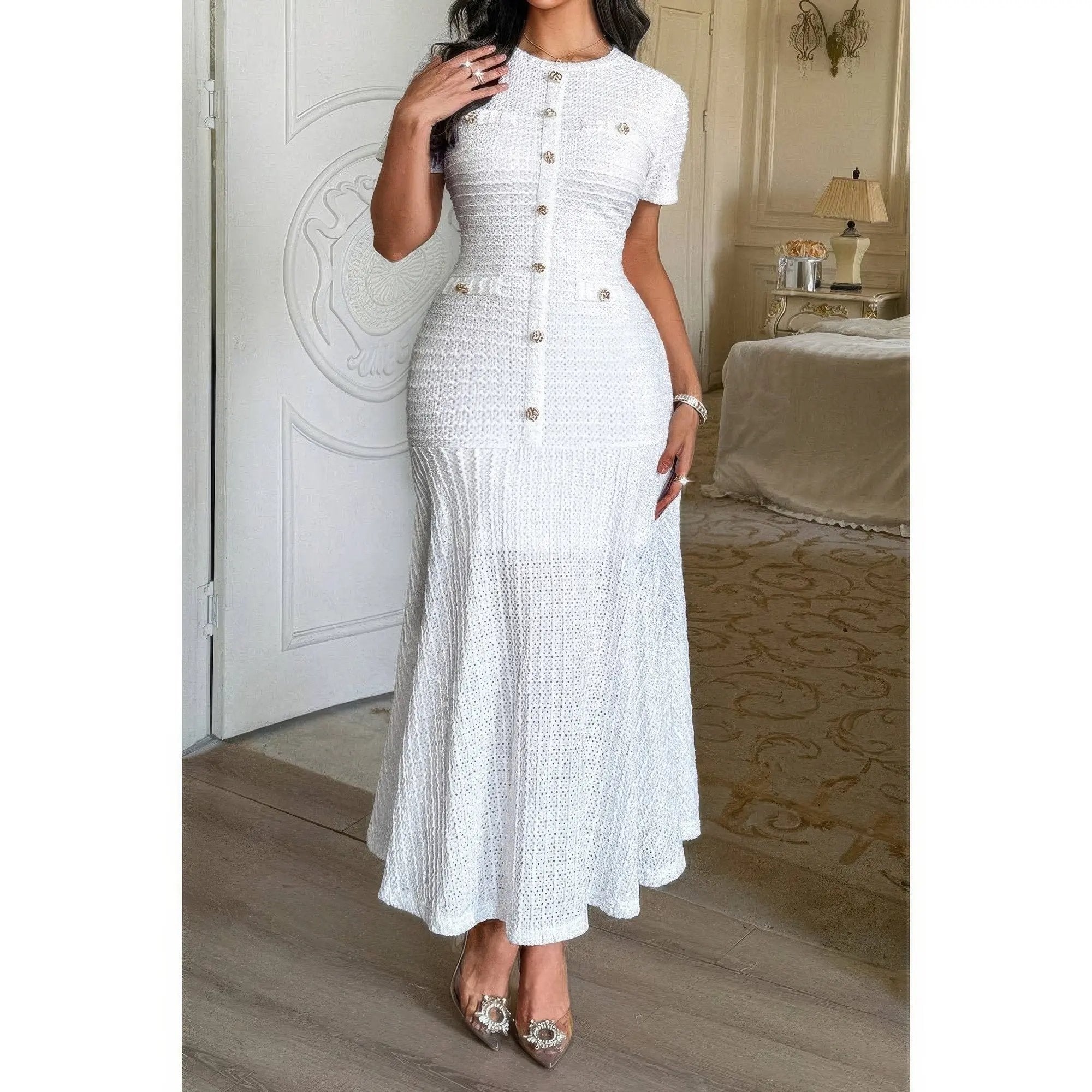 Solid Round Neck Button Elegant Sheath Dress - DressAffection