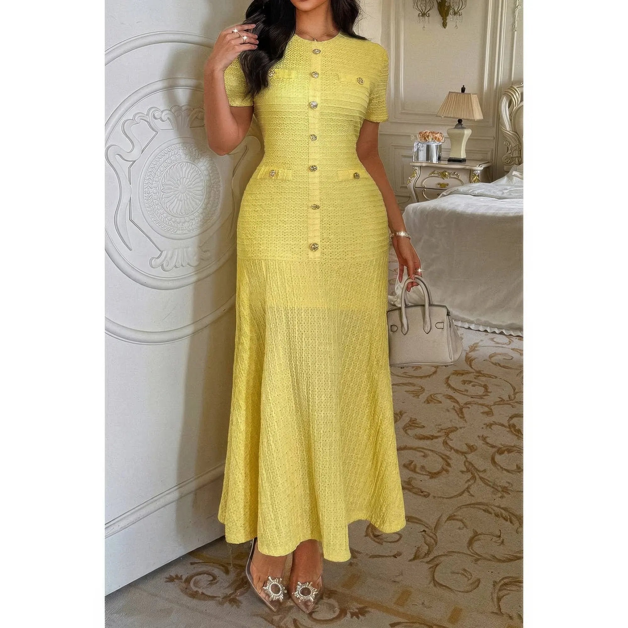 Solid Round Neck Button Elegant Sheath Dress - DressAffection