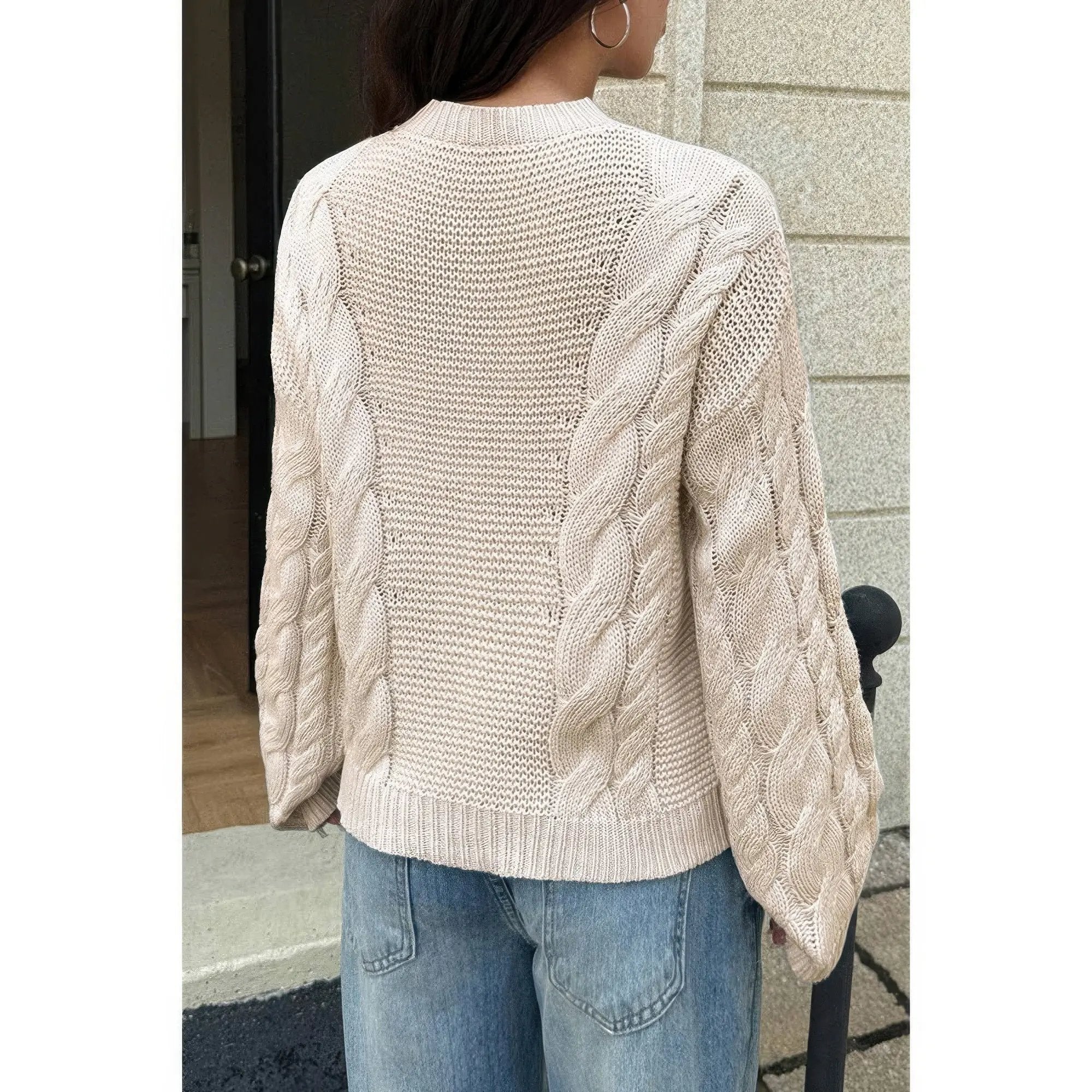 Solid Round Neck Cable Knit Pullover Sweater - DressAffection