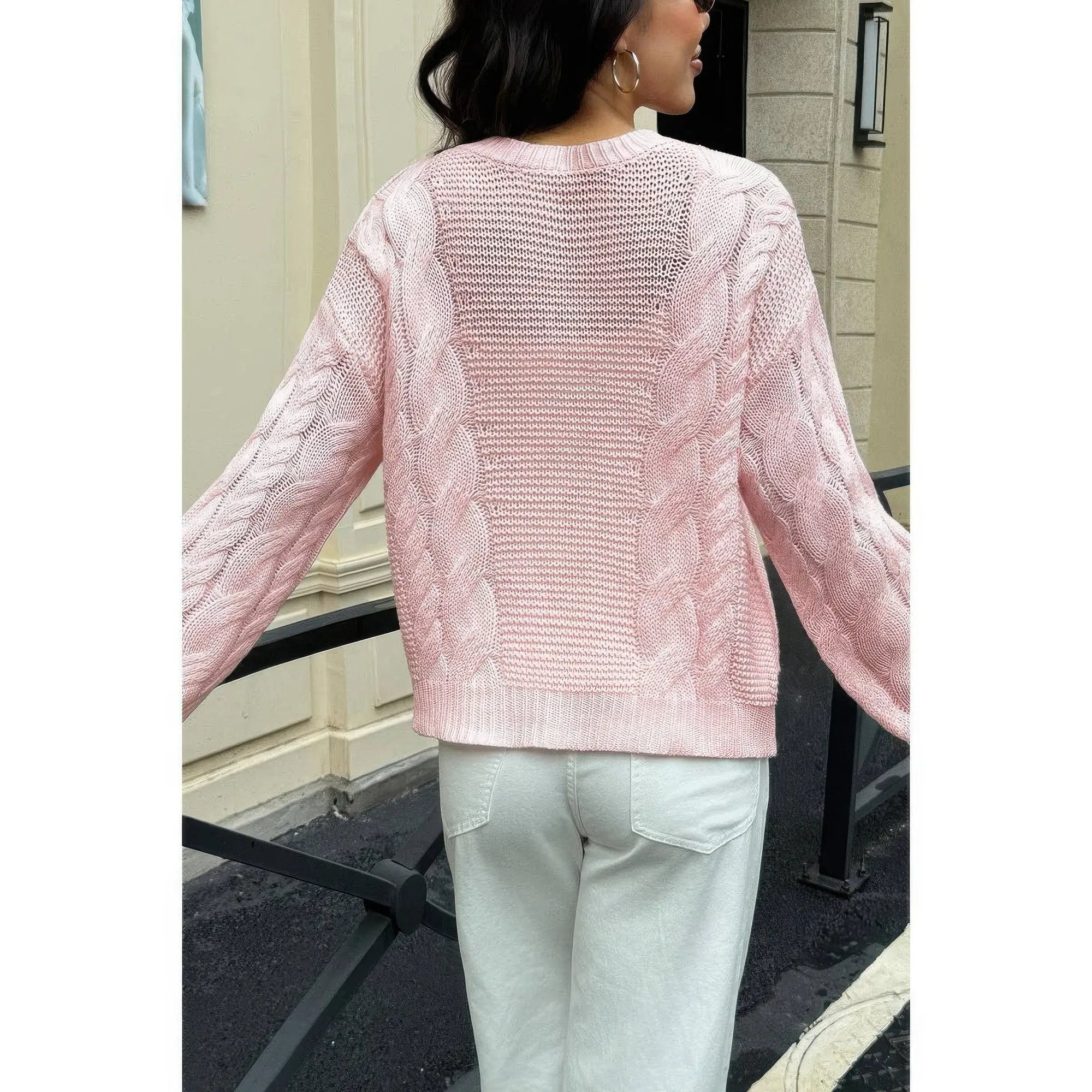 Solid Round Neck Cable Knit Pullover Sweater - DressAffection