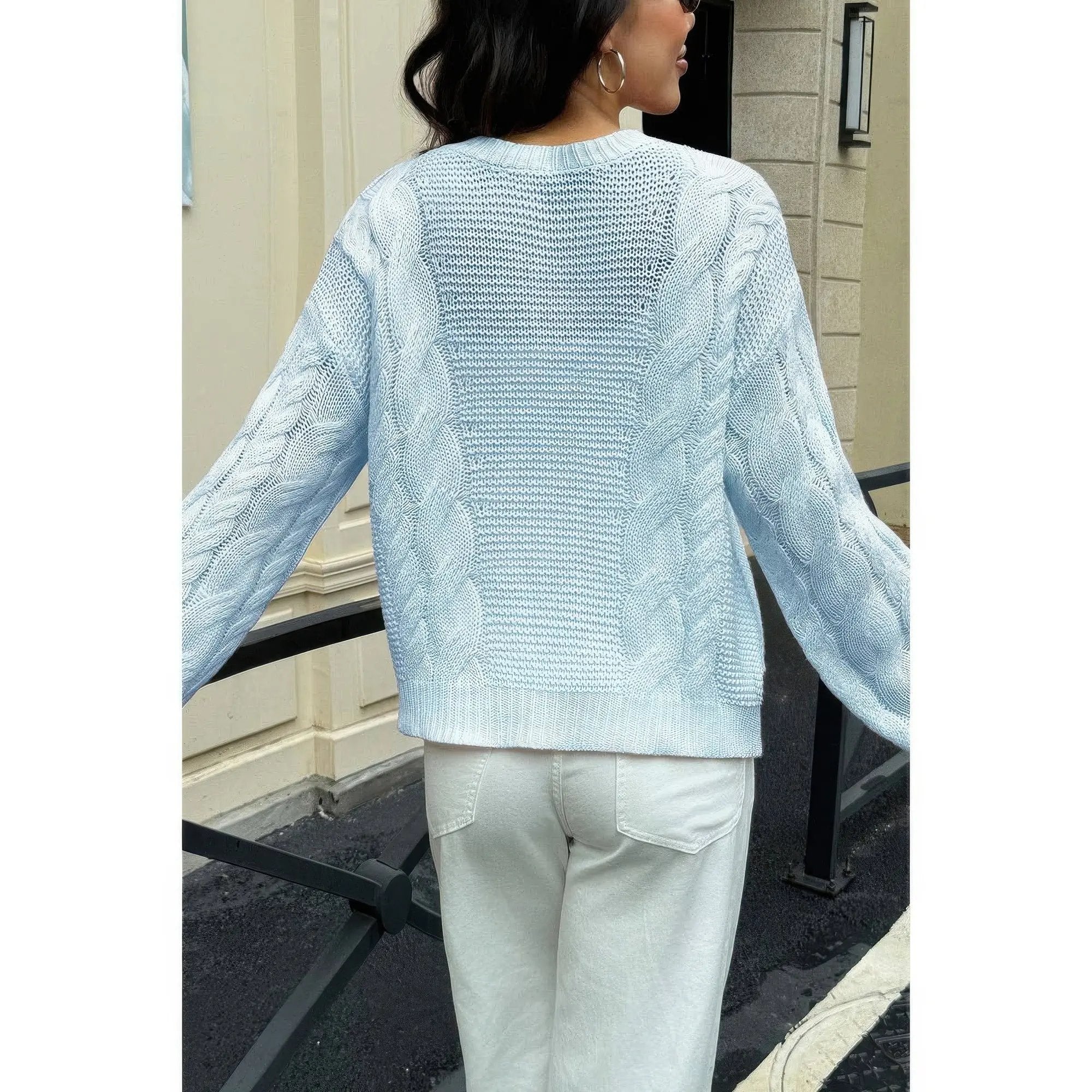 Solid Round Neck Cable Knit Pullover Sweater - DressAffection